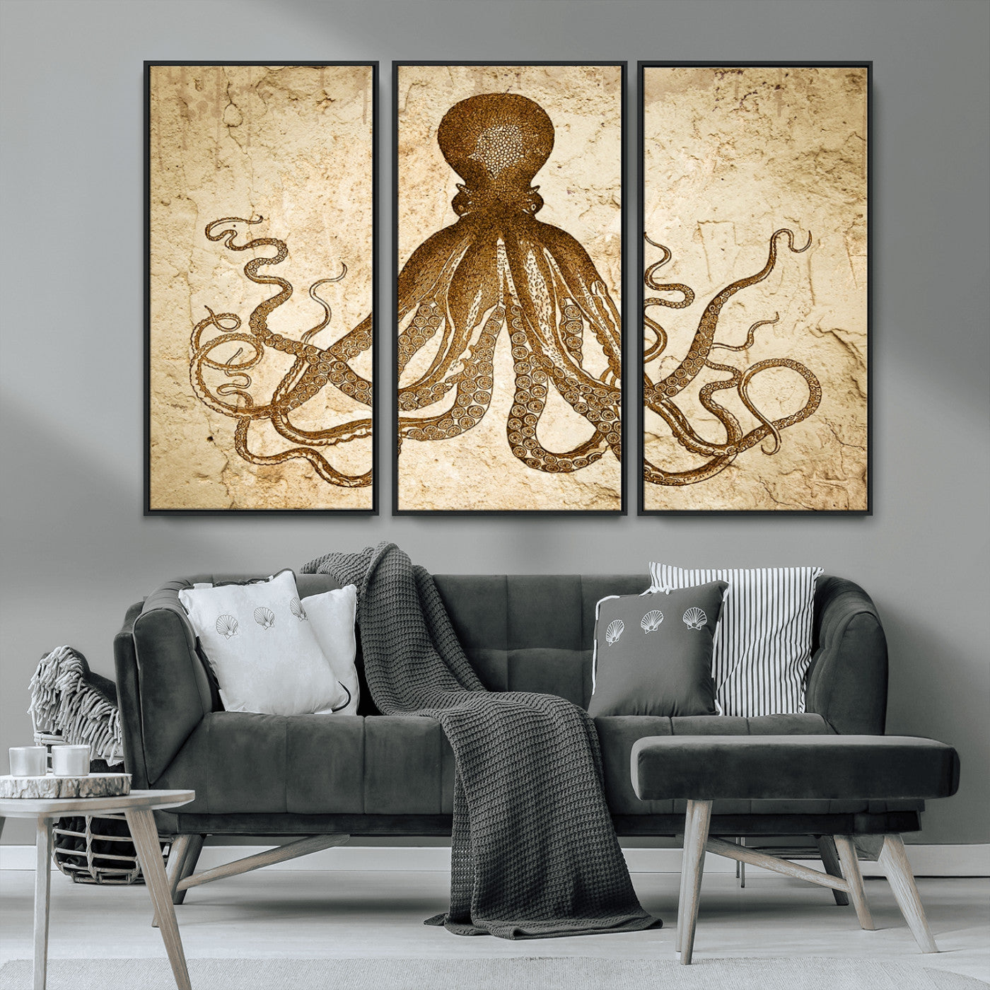 MGV-FC-48X32-3P - Sepia Octopus Wall Art Abstract Animal Canvas Print