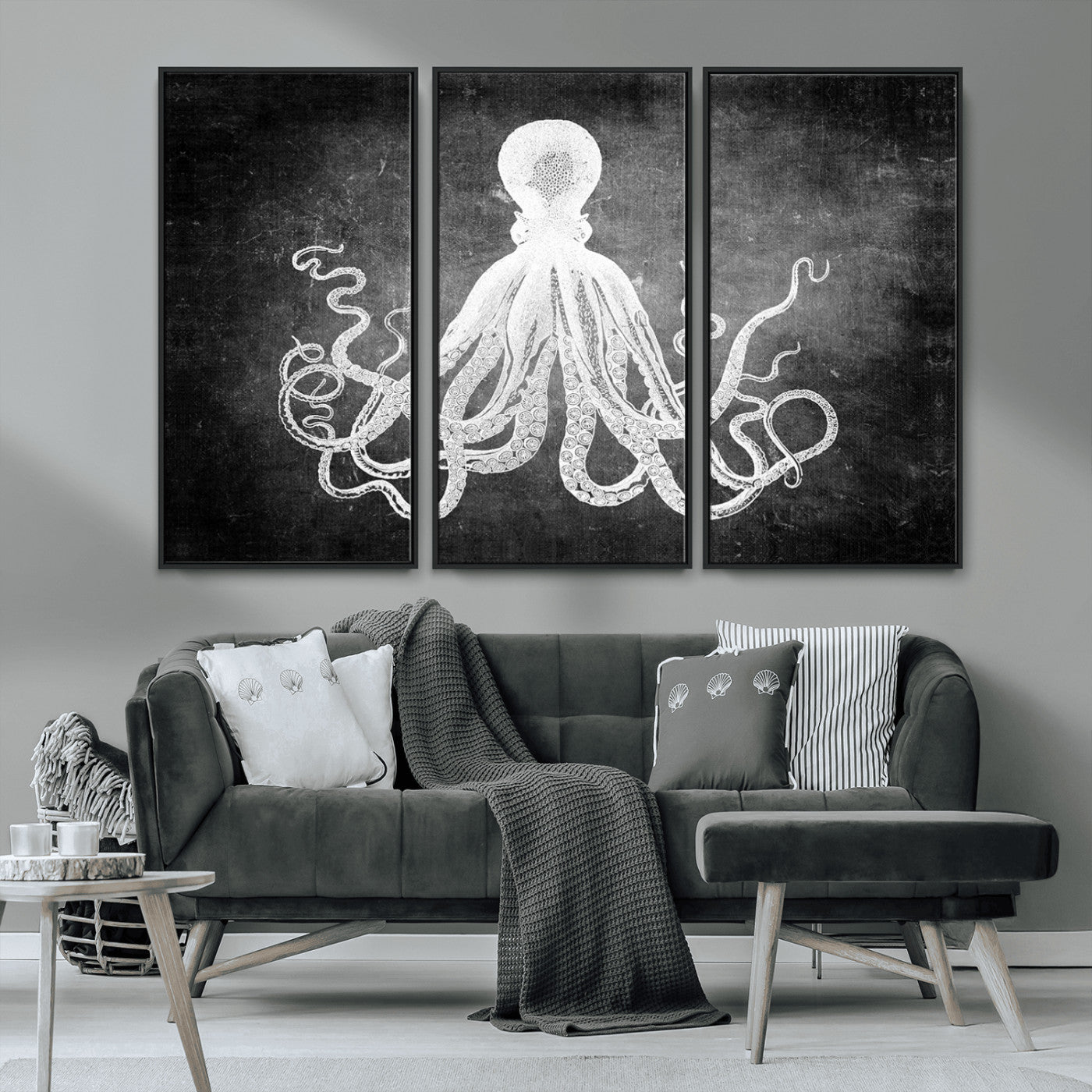 MGV-FC-48X32-3P - Black White Octopus Wall Art Canvas Print
