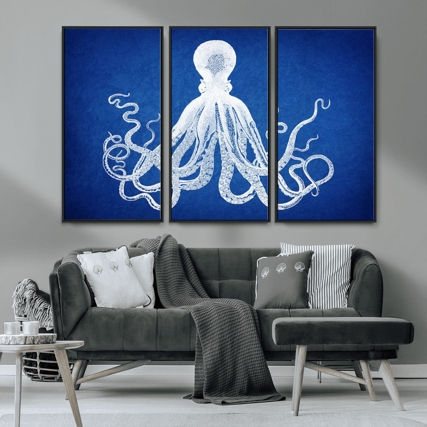 MGV-FC-48X32-3P - Large 3-Panel Blue Octopus Canvas Wall Art | Coastal Marine Life Artwork for Living Room, Bedroom,
