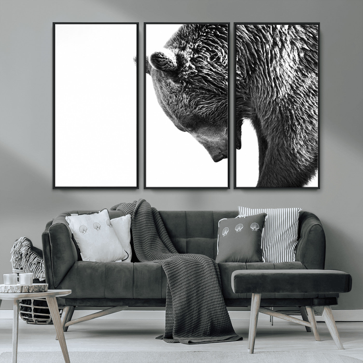 MGV-FC-48X32-3P - Black and White Grizzly 399 Bear Canvas Print Wall Art | Large Wildlife Canvas Print for Living