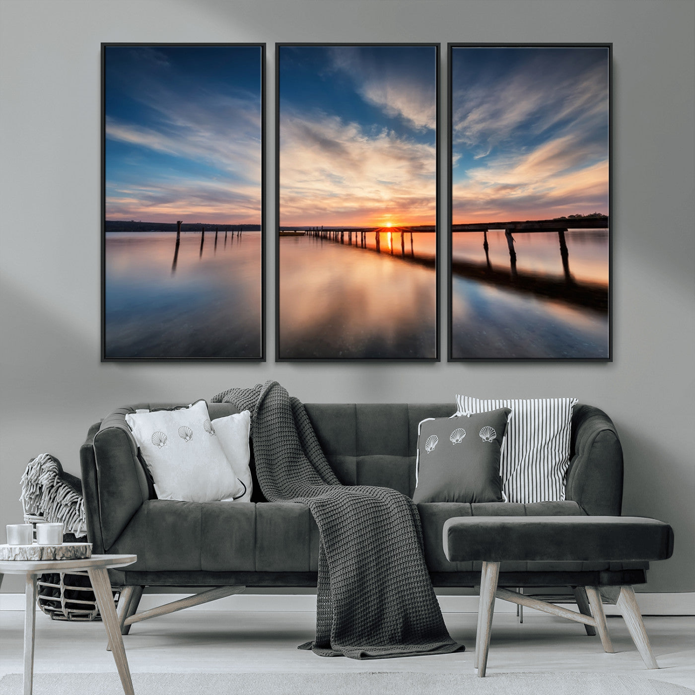 MGV-FC-48X32-3P - Wooden Pier on Seascape and Sunset Wall Art Canvas Print