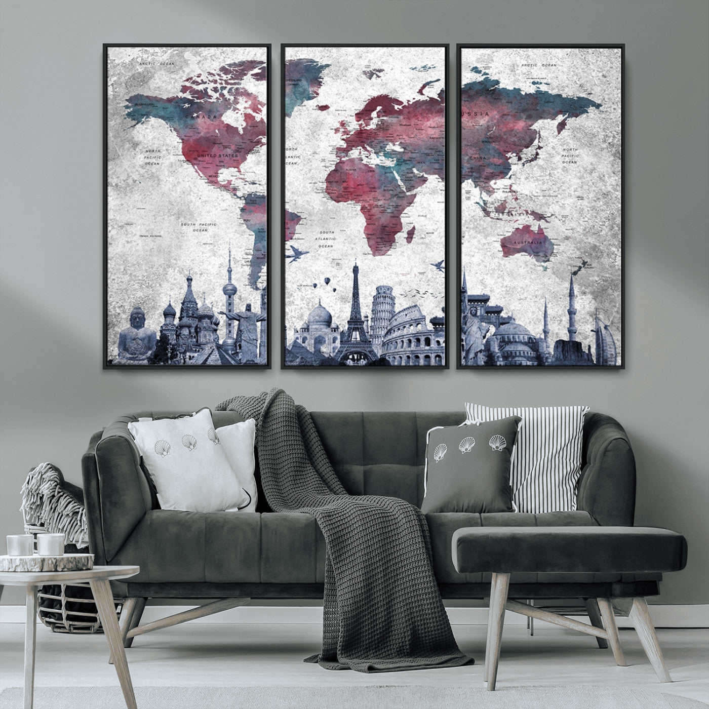 MGV-FC-48X32-3P - Push Pin World Map Canvas Print – Framed Wall Art for Couples to Track Their Travels – Anniversary