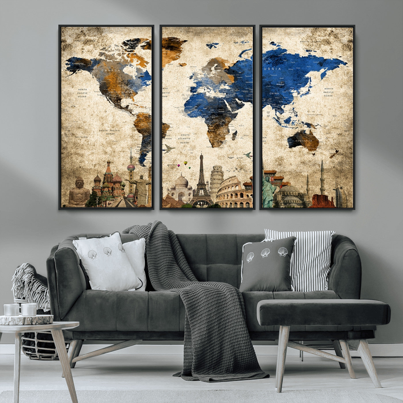 MGV-FC-48X32-3P - Push Pin World Map Canvas Print – Framed Wall Art for Couples to Track Their Travels – Anniversary