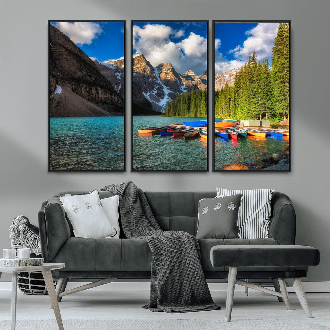 MGV-FC-48X32-3P - Moraine Lake 3-Panel Wall Art, Majestic Mountain and Lake Landscape Canvas Print Canoes on Moraine