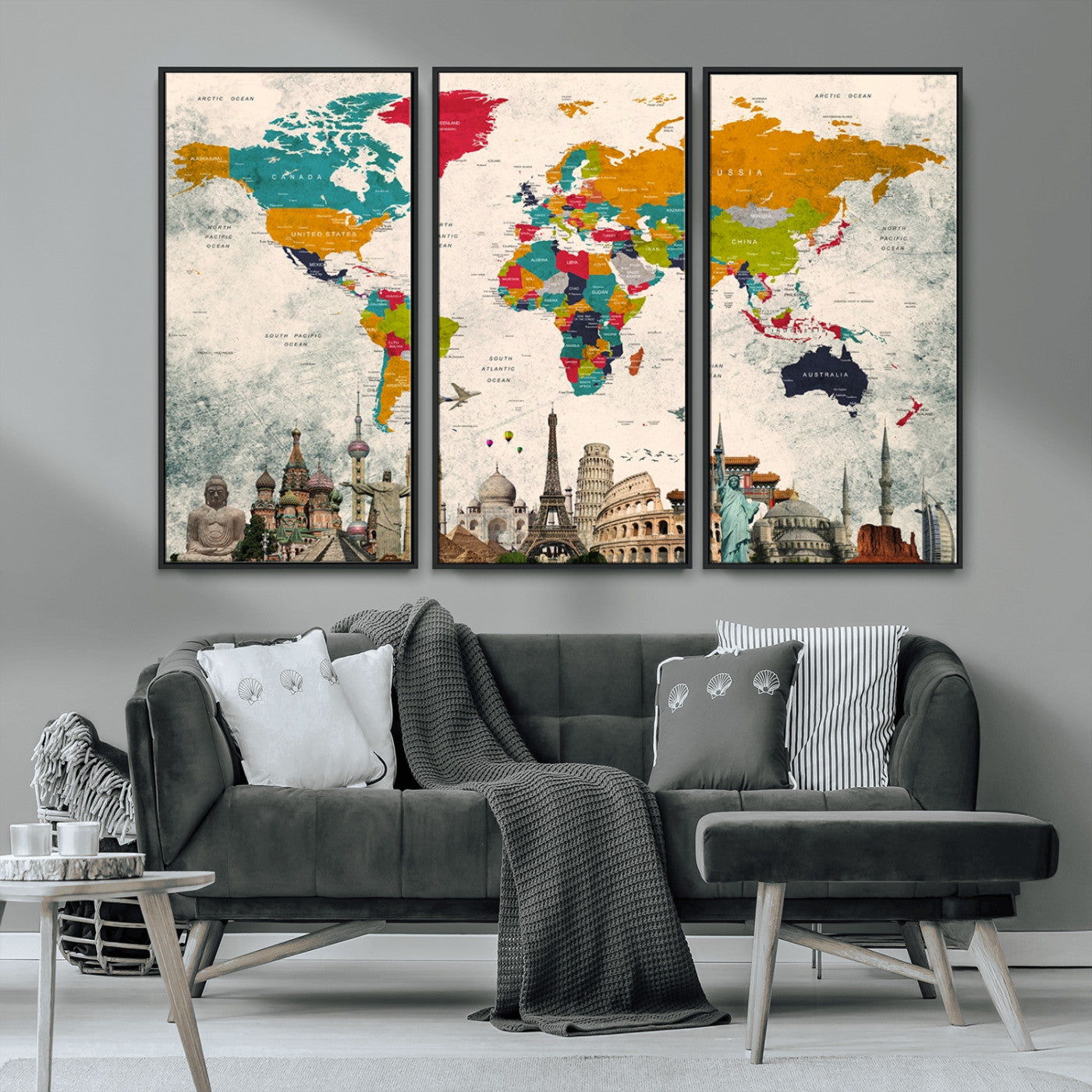 MGV-FC-48X32-3P - Push Pin World Map Canvas Print – Framed Wall Art for Couples to Track Their Travels – Anniversary