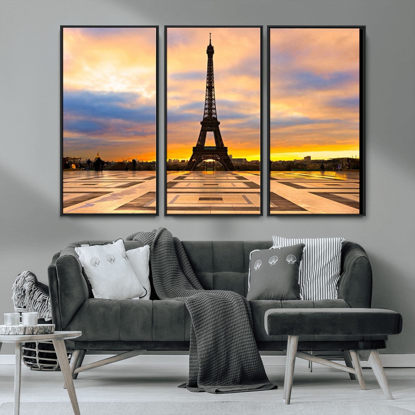 MGV-FC-48X32-3P - Paris Eiffel Tower Sunset Canvas Wall Art Print - Iconic Landmark Decor with Vibrant Colors