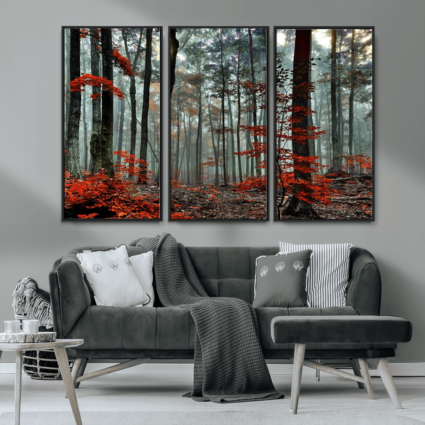 MGV-FC-48X32-3P - Autumn Forest Canvas Wall Art – Enchanting Red Leaves Triptych Print – Nature-Inspired Decor for