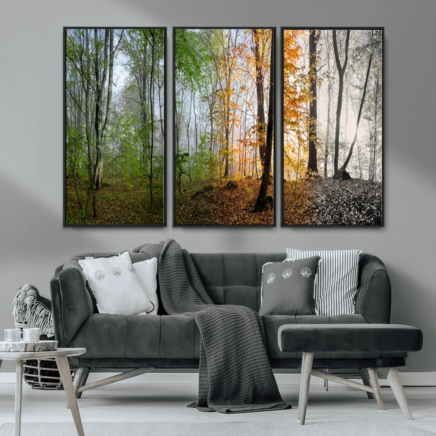 MGV-FC-48X32-3P - Four Seasons Wall Art Forest Canvas Print – Triptych Seasonal Nature Print – Landscape Decor for