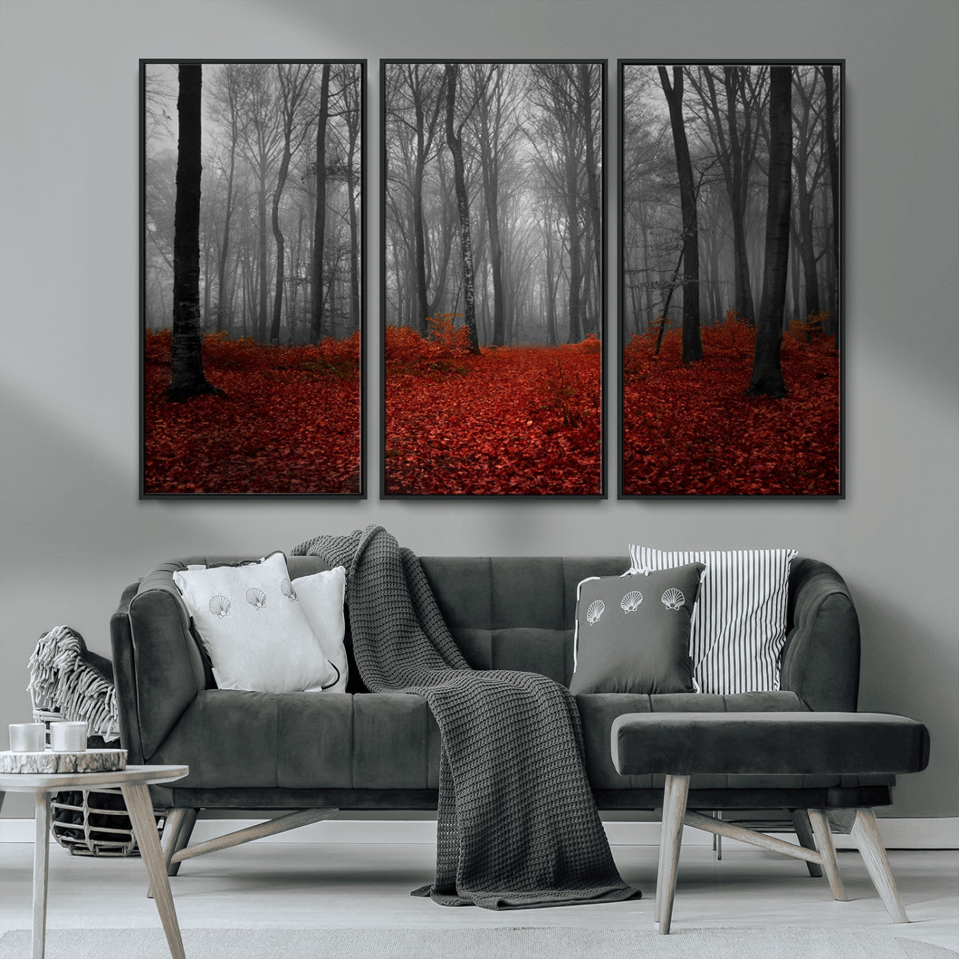MGV-FC-48X32-3P - Red Forest Floor Canvas Wall Art – Mystical Foggy Woodland Triptych – Nature-Inspired Decor for