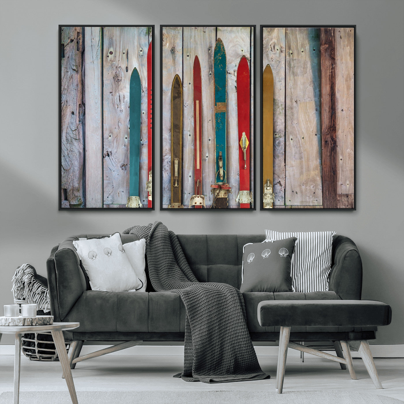 MGV-FC-48X32-3P - Vintage Wooden Weathered Ski's in Front of an Old Barn Wall Art Canvas Print for Farmhouse, Cabin