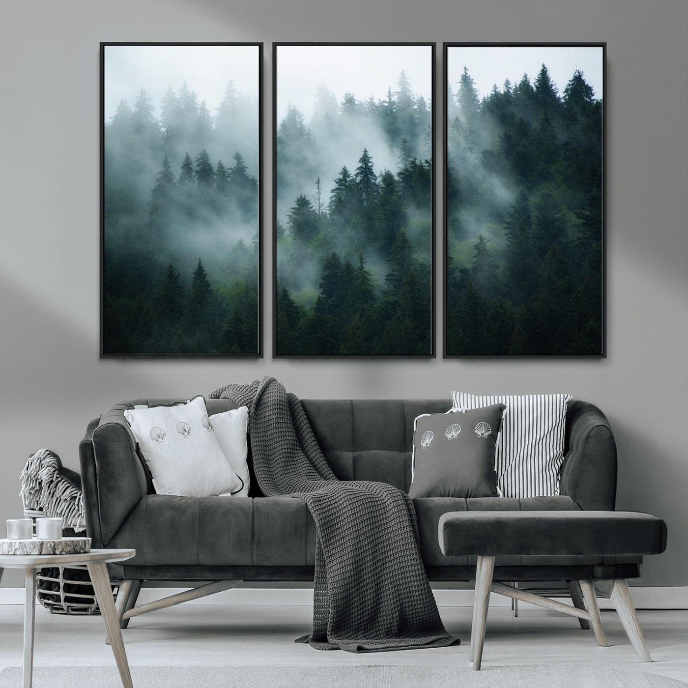 MGV-FC-48X32-3P - Foggy Forest 3-Panel Canvas Wall Art | Large Giclée Nature Scene Print for Living Room, Office, or