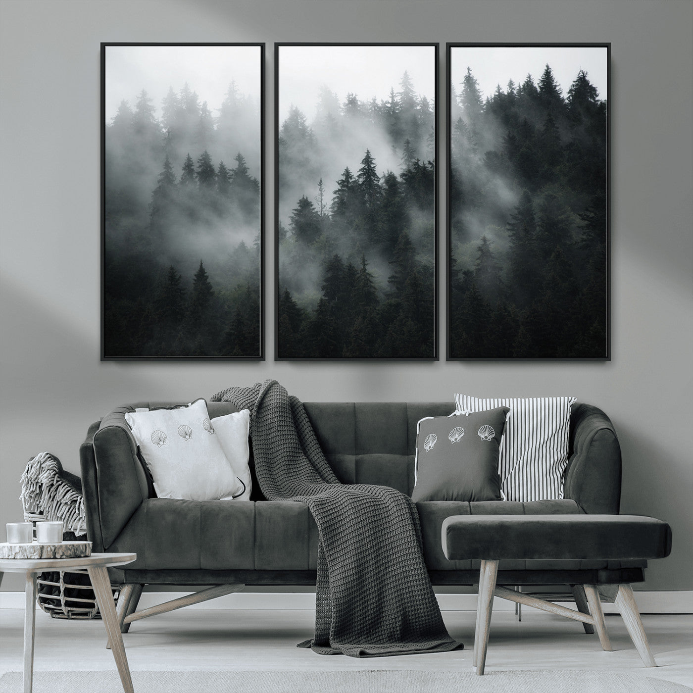 MGV-FC-48X32-3P - Foggy Forest Wall Art Canvas Print | 3 Panel Large Misty Landscape for Dining Room, Office, or