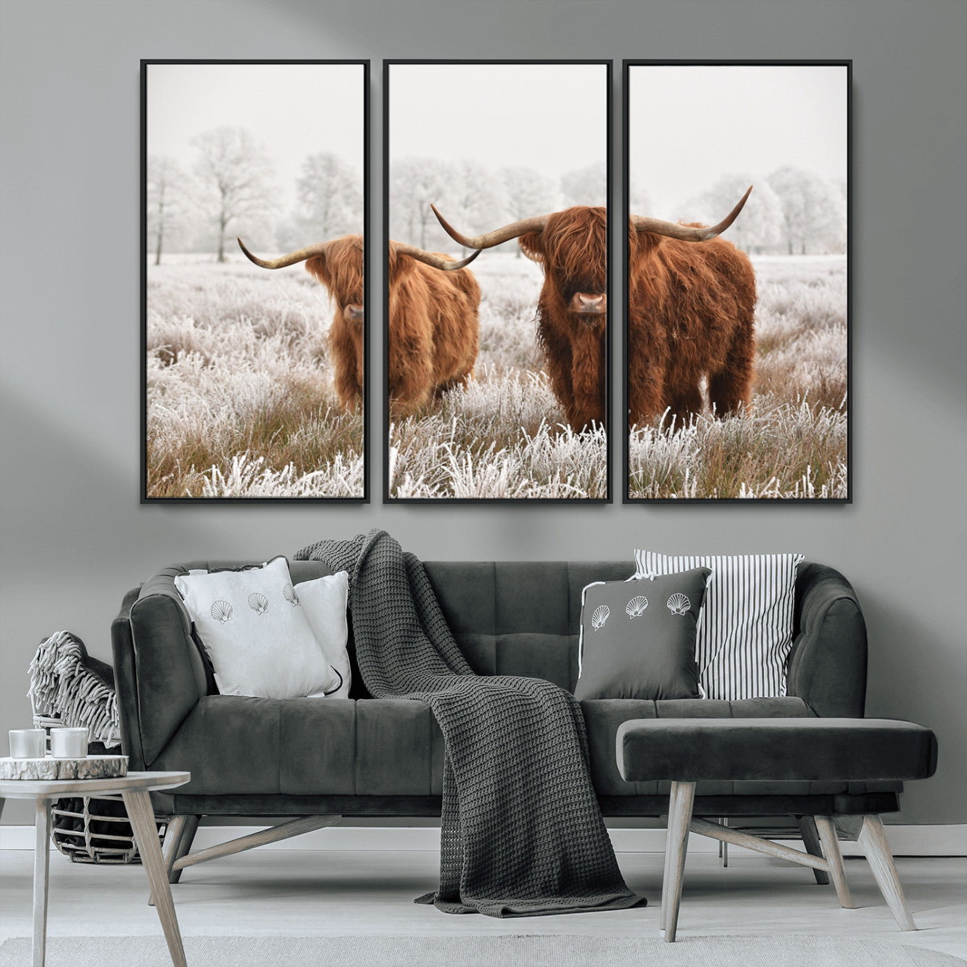 MGV-FC-48X32-3P - Longhorn Cattle Wall Art Canvas Print, Framed Farmhouse Style Art Picture Print, Rustic Cow Perfect Rustic Farmhouse Decor Artwork