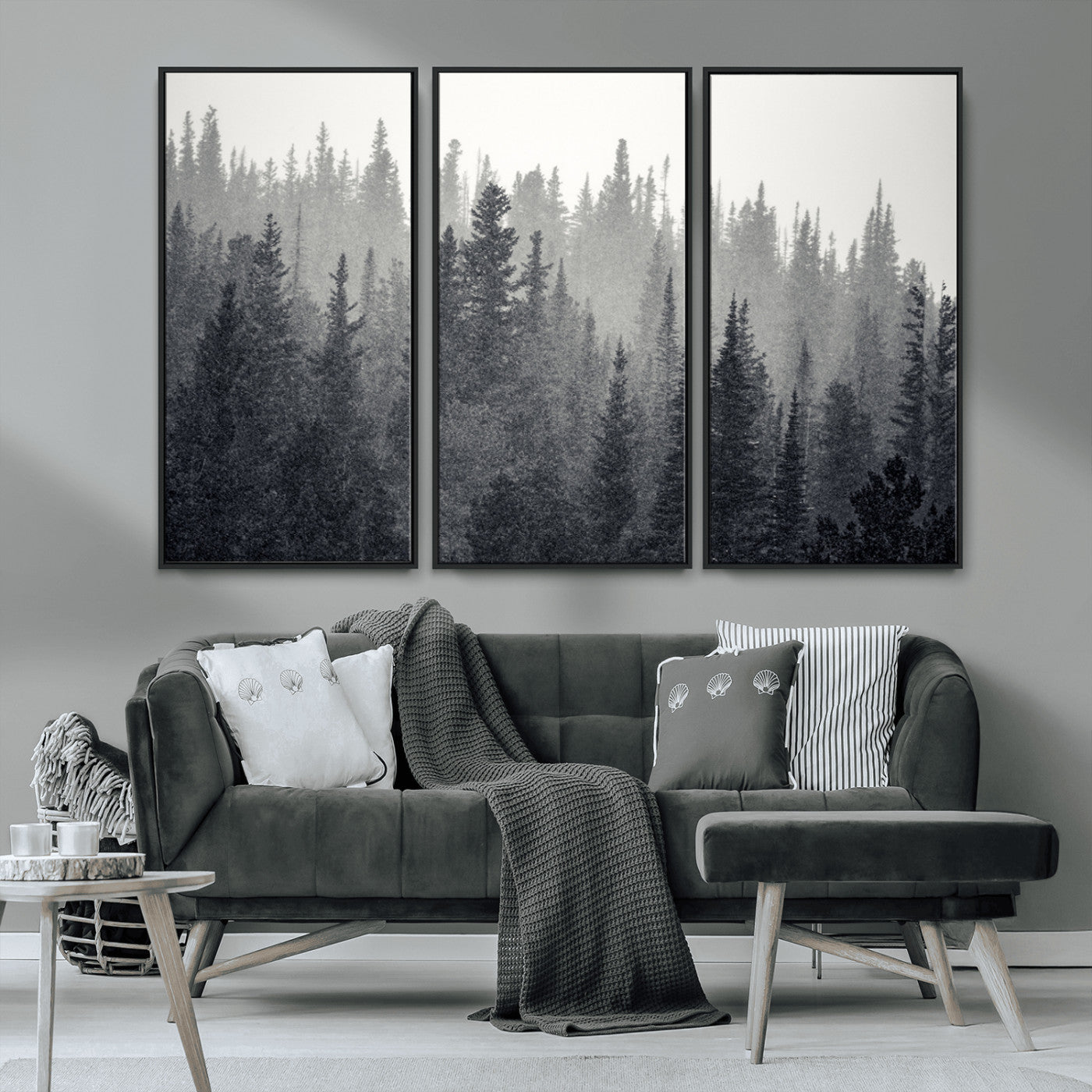 MGV-FC-48X32-3P - Misty Forest Canvas Wall Art – Monochrome Triptych Pine Tree Print – Nature-Inspired Home Decor –