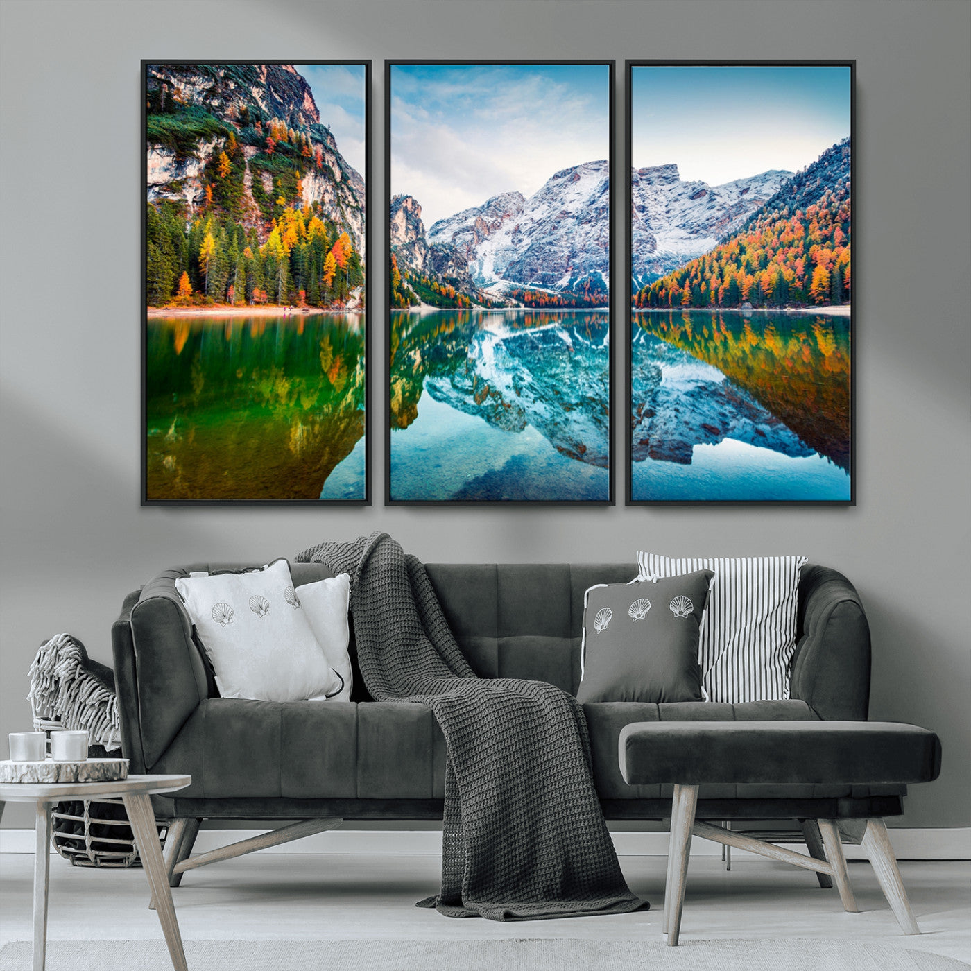 MGV-FC-48X32-3P - Spectacular autumn view of Braies Lake Wall Art Canvas Print