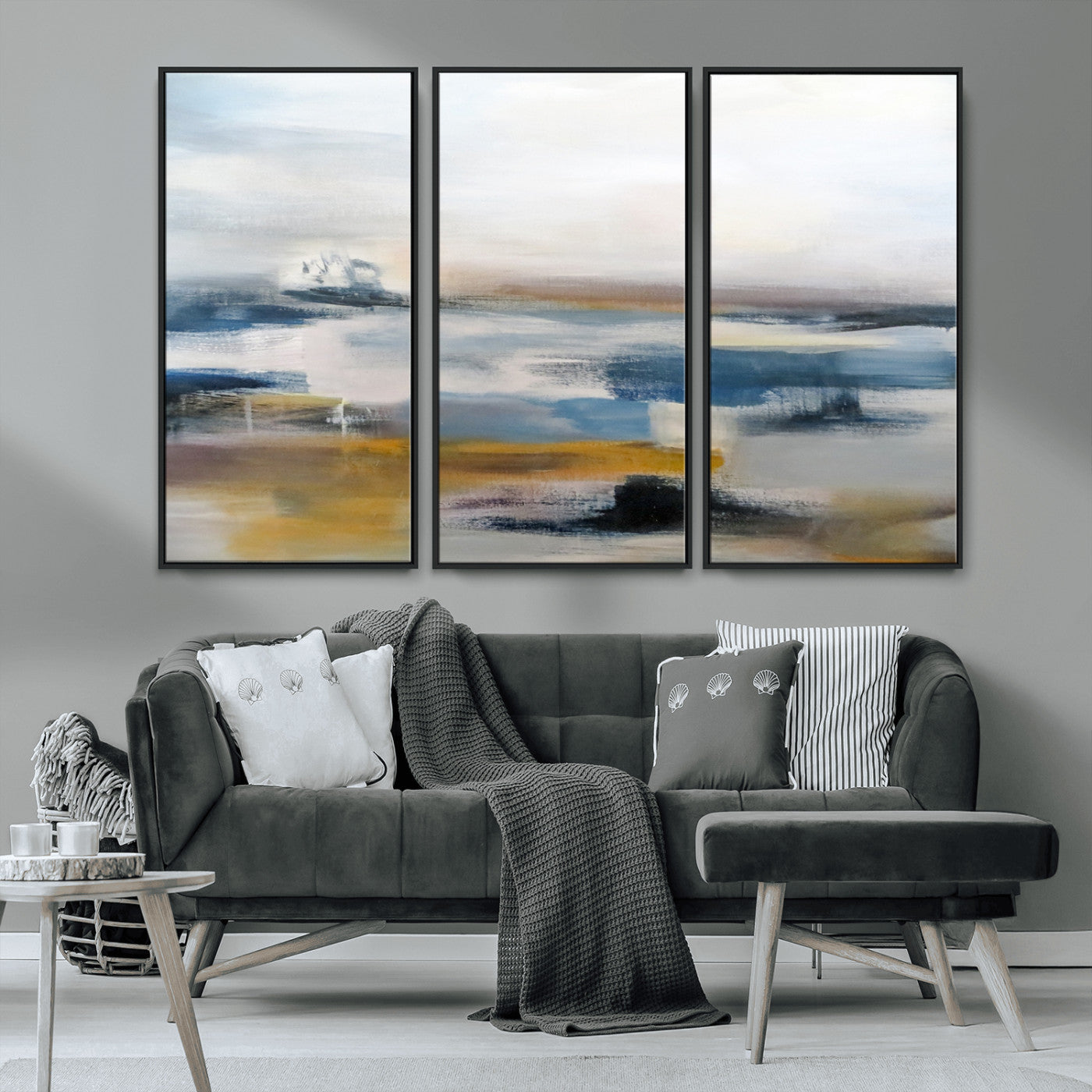 MGV-FC-48X32-3P - Abstract Landscape Wall Art Canvas | 3 Panel Modern Blue, Gold, and White Canvas Art for Living