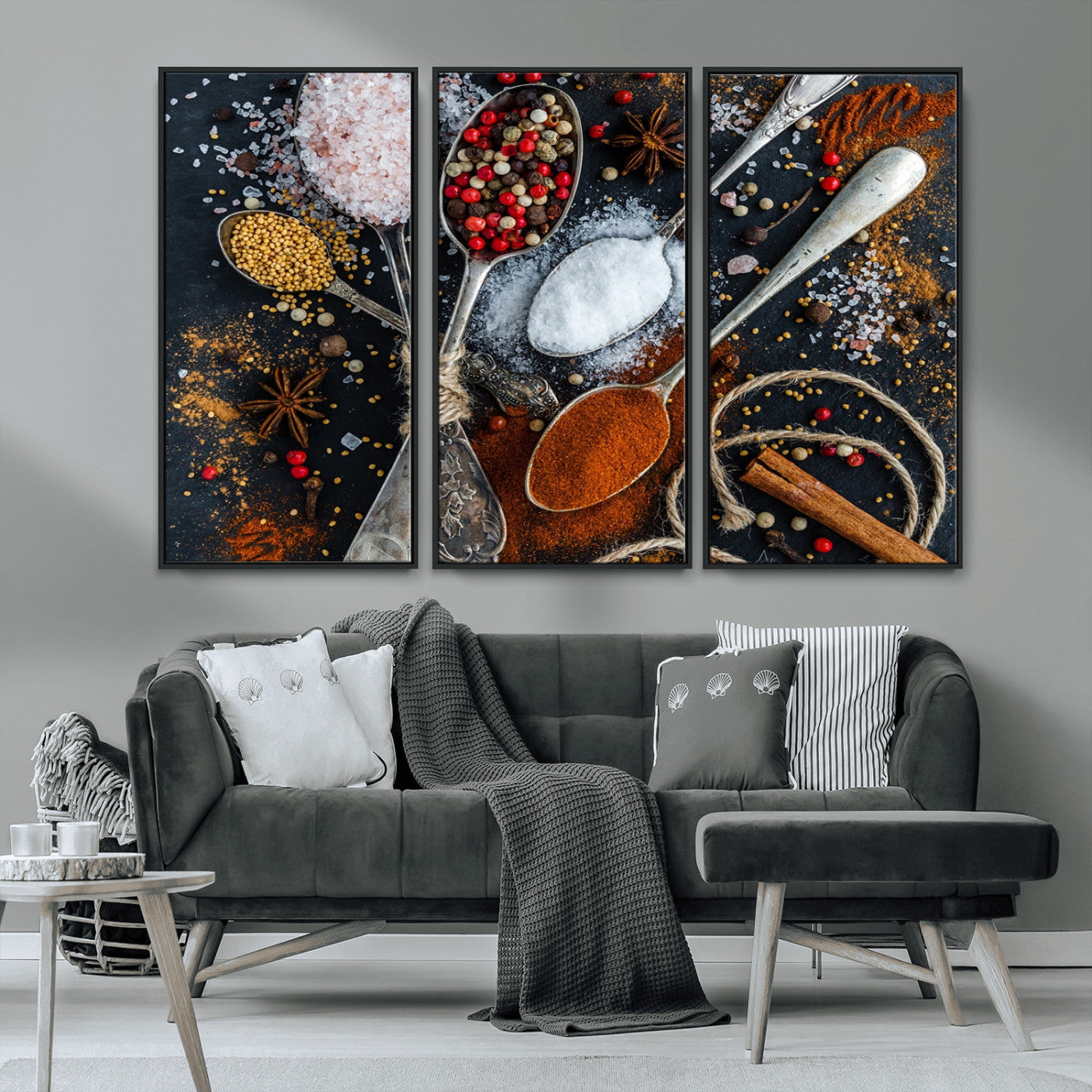 MGV-FC-48X32-3P - Spices and Seasonings Canvas Wall Art – Colorful Triptych Kitchen Decor – Culinary Art for Dining