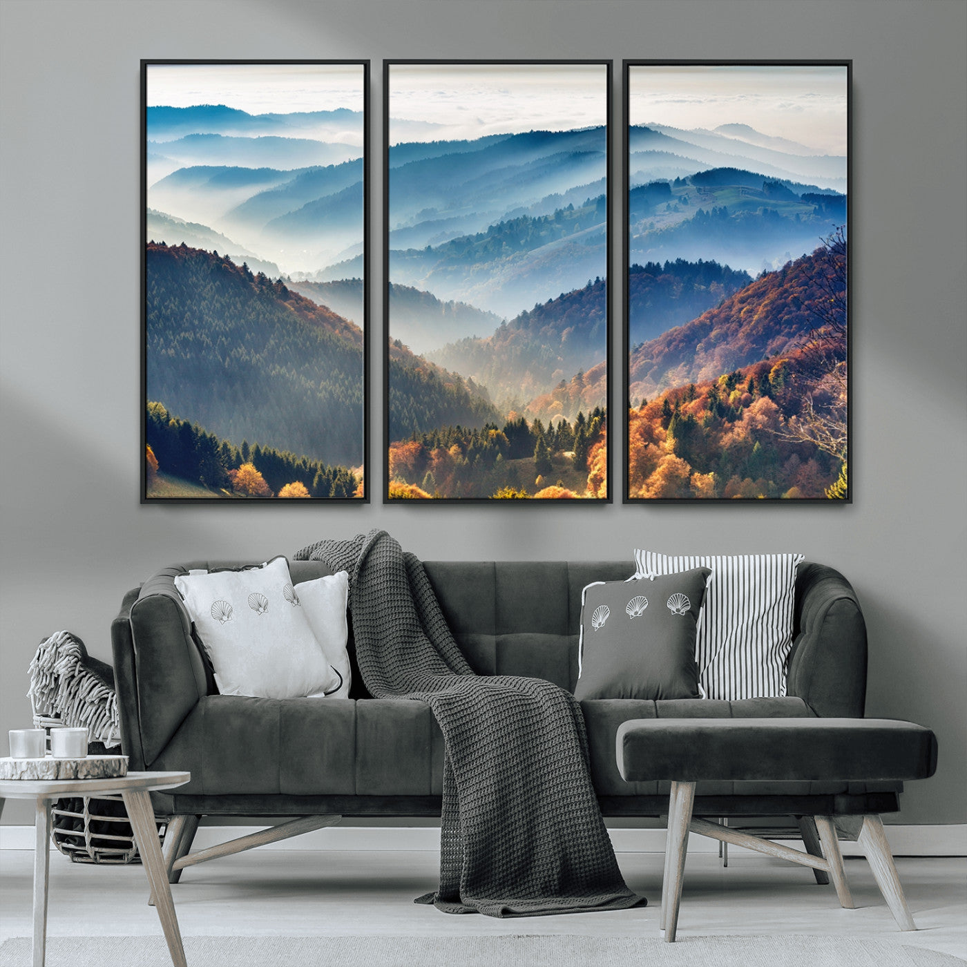 MGV-FC-48X32-3P - Misty Mountain Sunrise Triptych Canvas Print – Autumn Landscape Wall Art – Scenic Nature Decor –