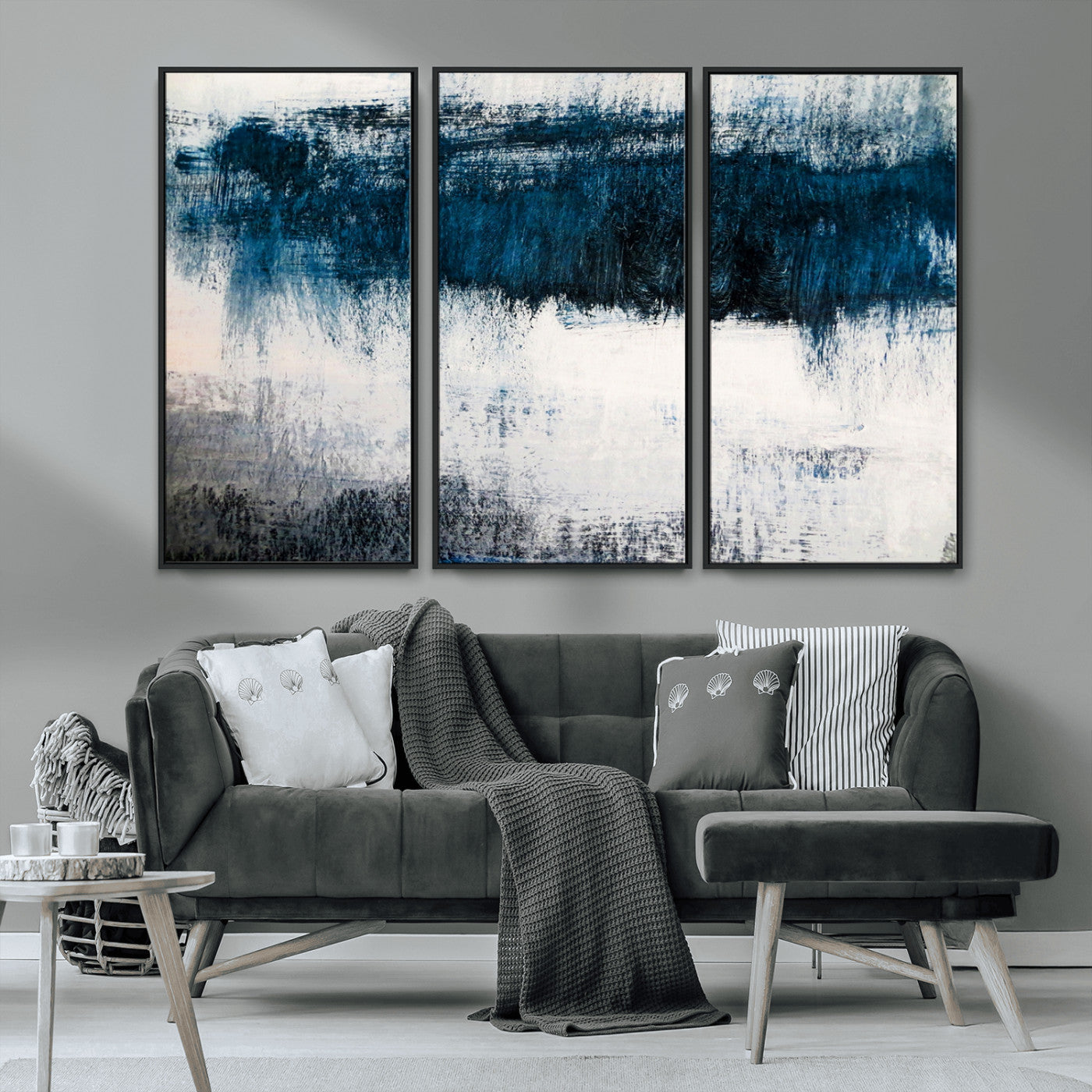 MGV-FC-48X32-3P - Abstract Blue and White Canvas Art | Large Wall Art for Modern Living Room Decor | Minimalist
