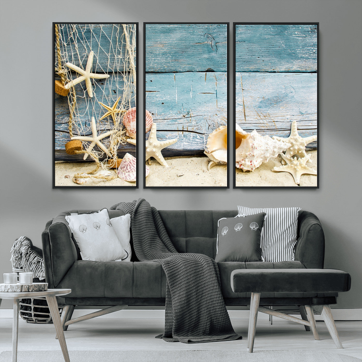 MGV-FC-48X32-3P - Seashells on Rustic Wooden Background, Seashells Wall Art Canvas Print