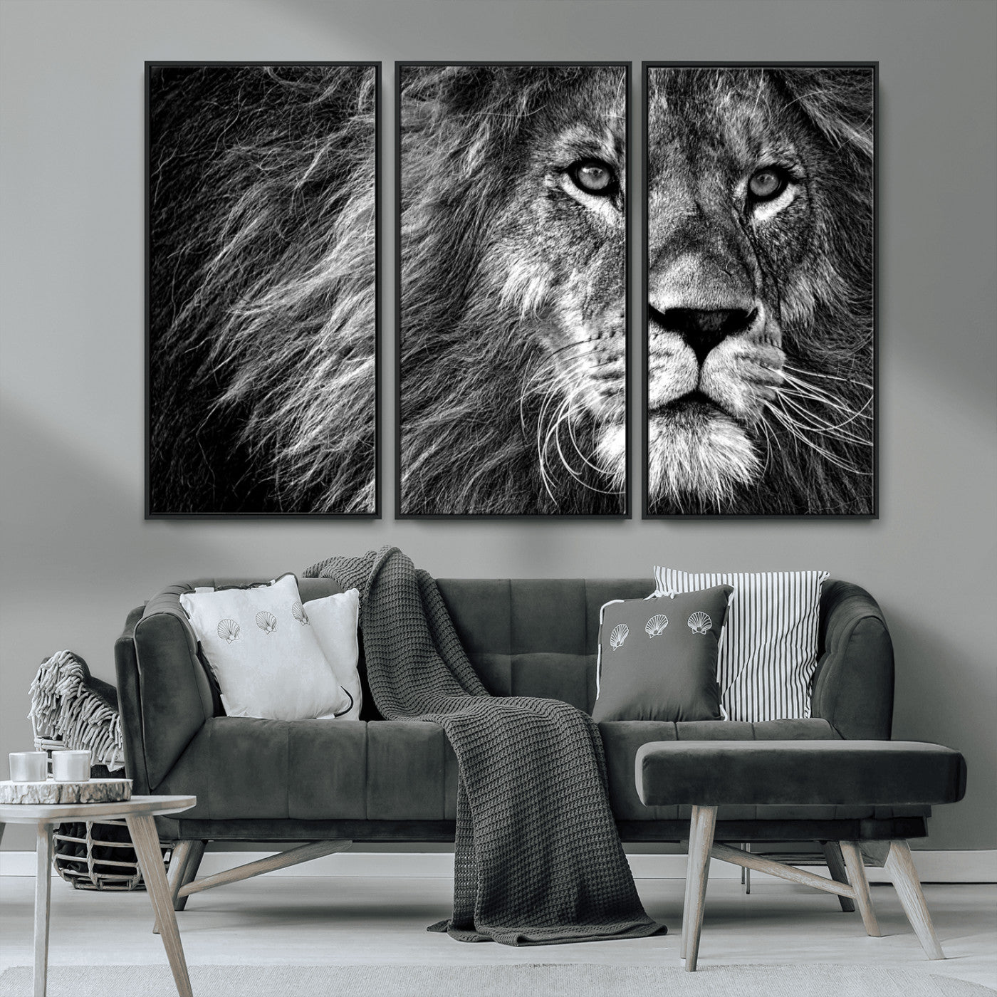 MGV-FC-48X32-3P - Black and White Lion Canvas Wall Art Print