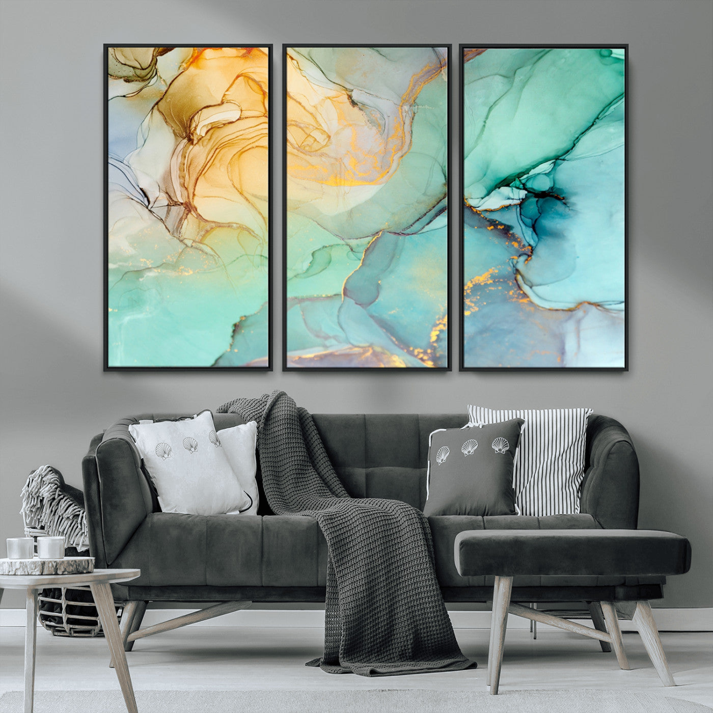 MGV-FC-48X32-3P - Abstract Aqua and Gold Fluid Wall Art Canvas | 3 Panel Large Canvas Print for Living Room, Office,