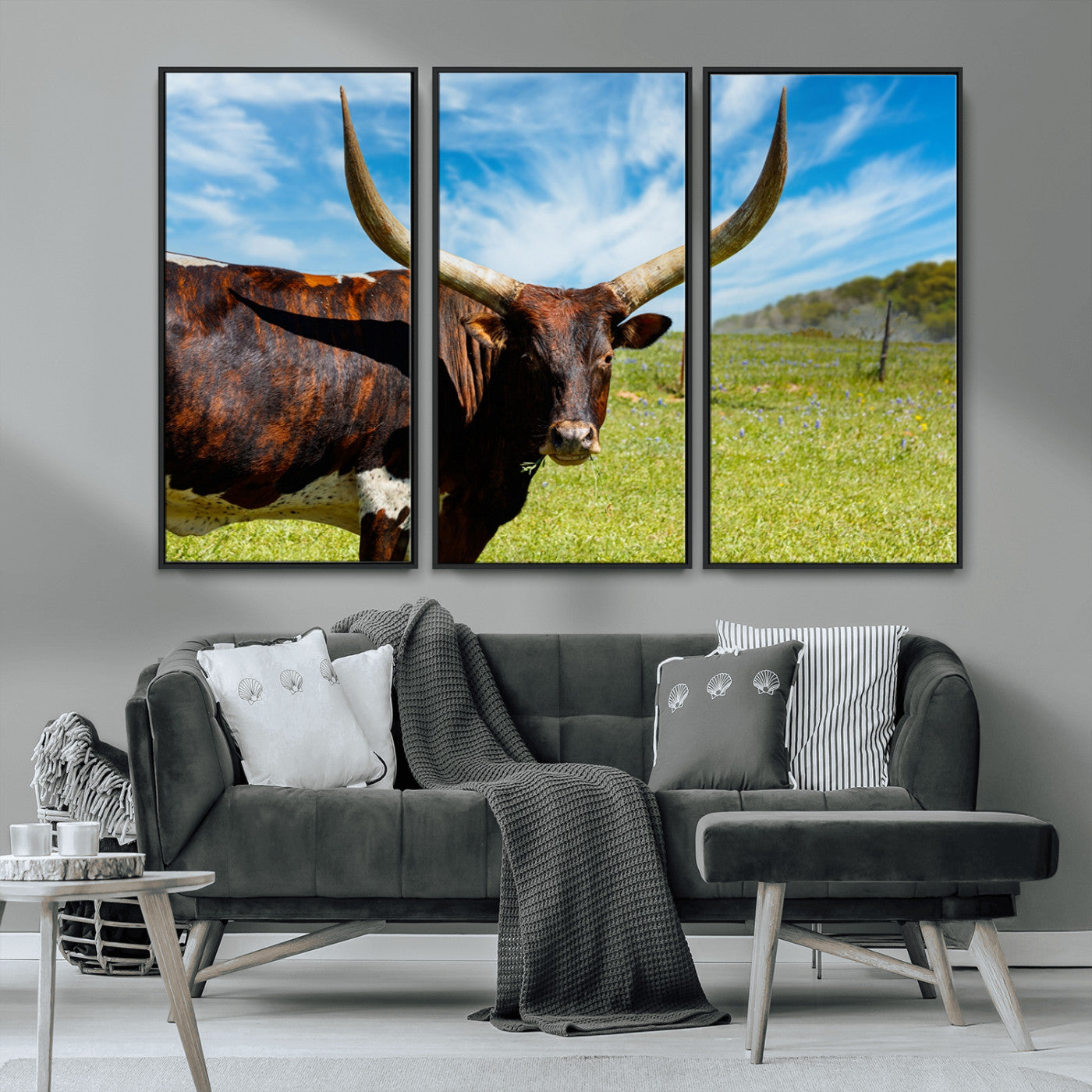 MGV-FC-48X32-3P - Longhorn and Cow Wall Art, Country Cow Wall Decor Canvas Print
