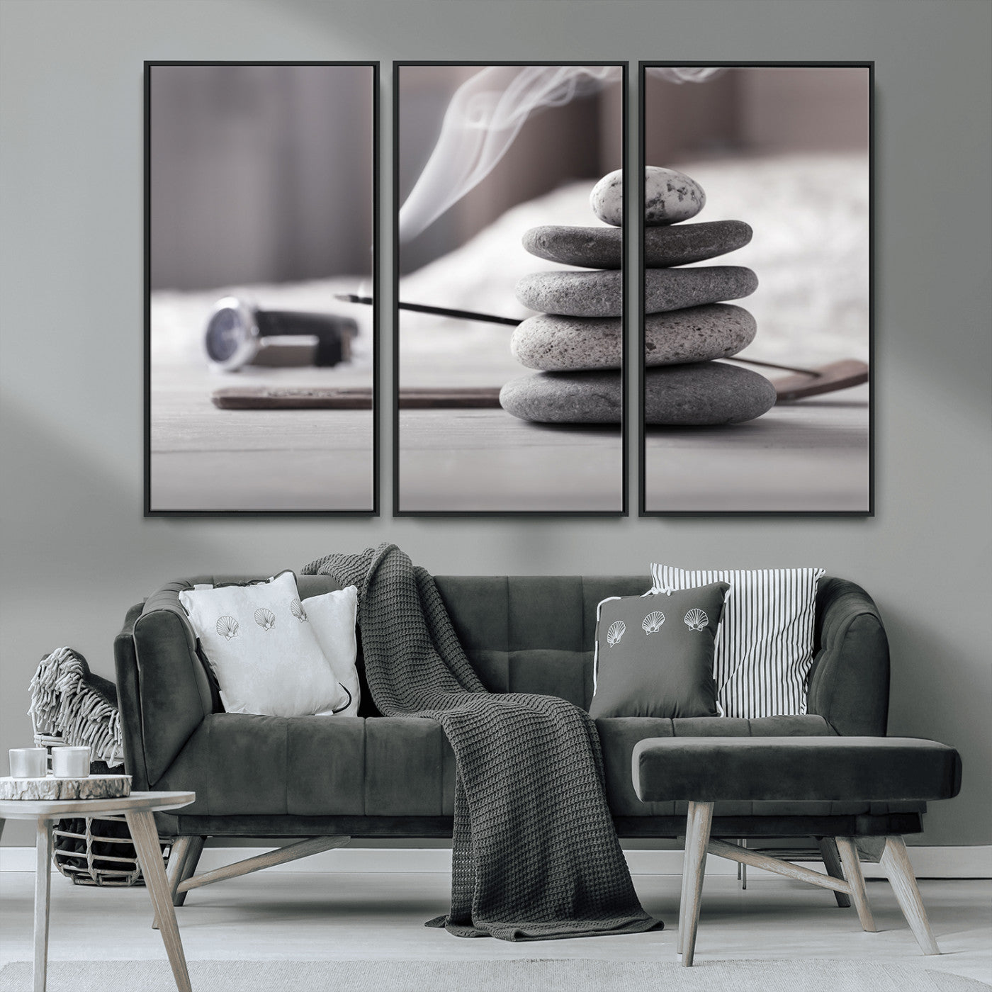 MGV-FC-48X32-3P - Burning Incense and Zen Stones Buddhism Wall Art, Zen Stones Wall Art Canvas Print