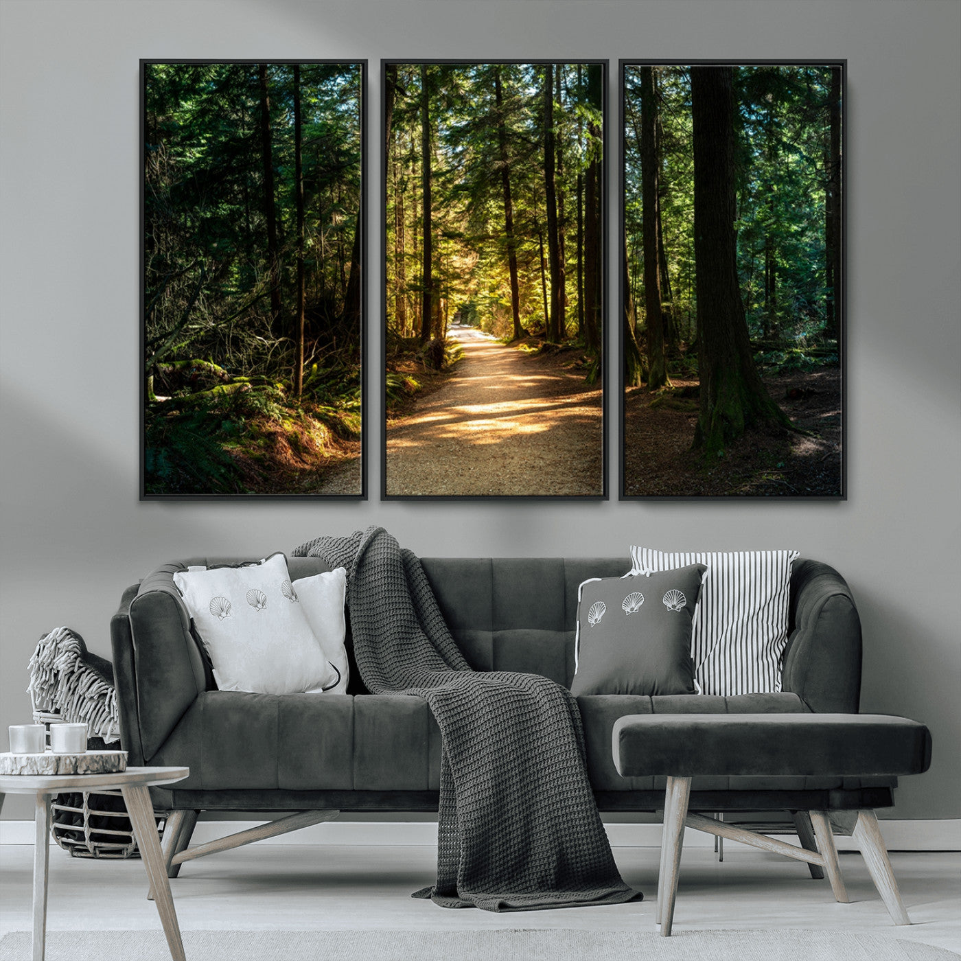 MGV-FC-48X32-3P - Sunlit Forest Pathway Canvas Print | 3 Panel Large Nature Wall Art for Living Room, Office, or