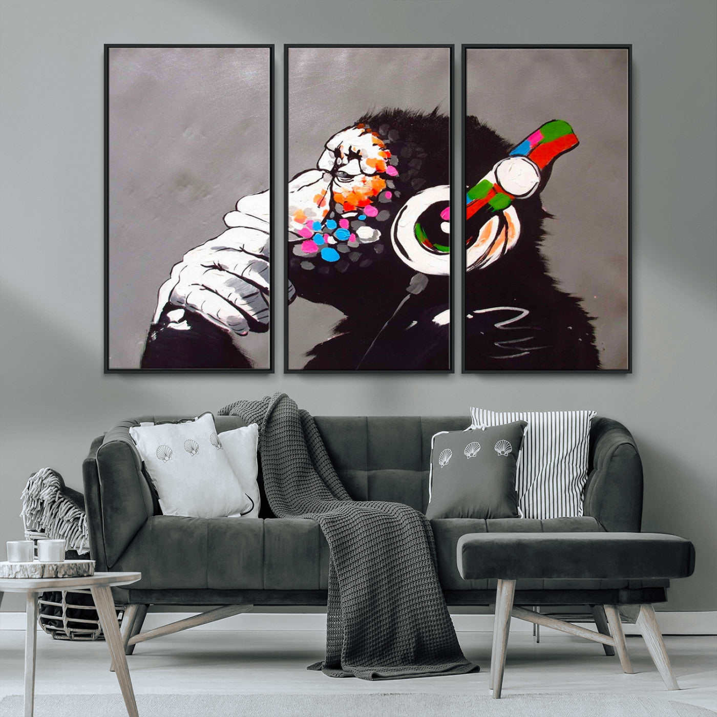 MGV-FC-48X32-3P - Dj Monkey Listening to Music Wall Art Print | Banksy Monkey Large Canvas Print for Living Room,