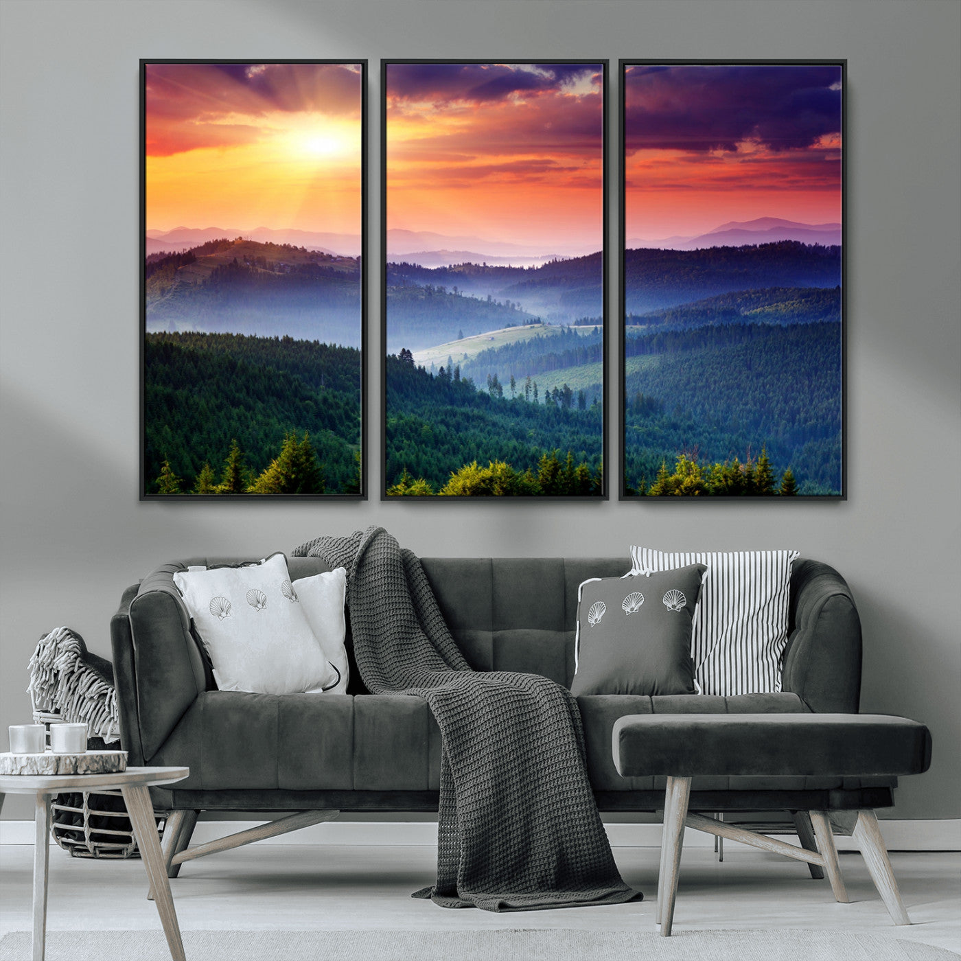 MGV-FC-48X32-3P - Beautiful Sunset over Hills Forest Landscape Canvas Wall Art Print