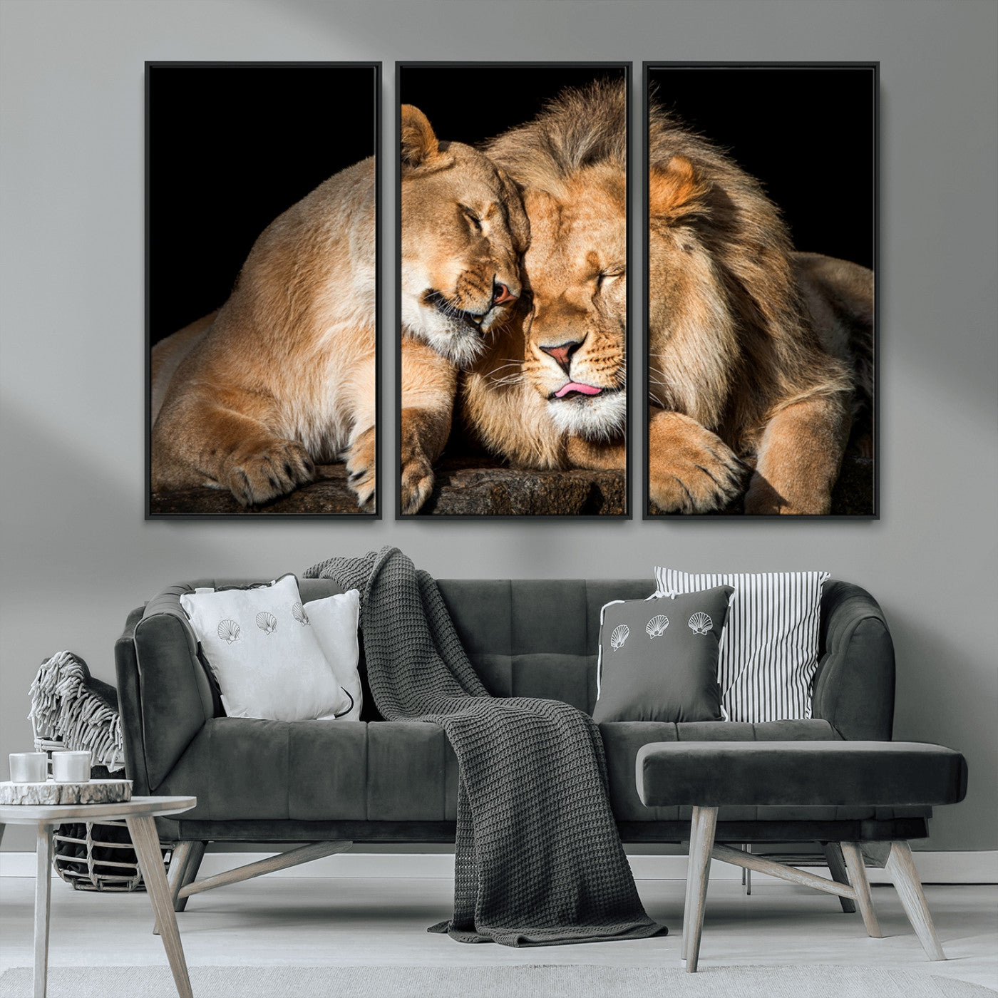 MGV-FC-48X32-3P - Lion and Lioness Wall Art Print Canvas | 3-Panel African Wildlife Canvas Print | Animal-Themed Art