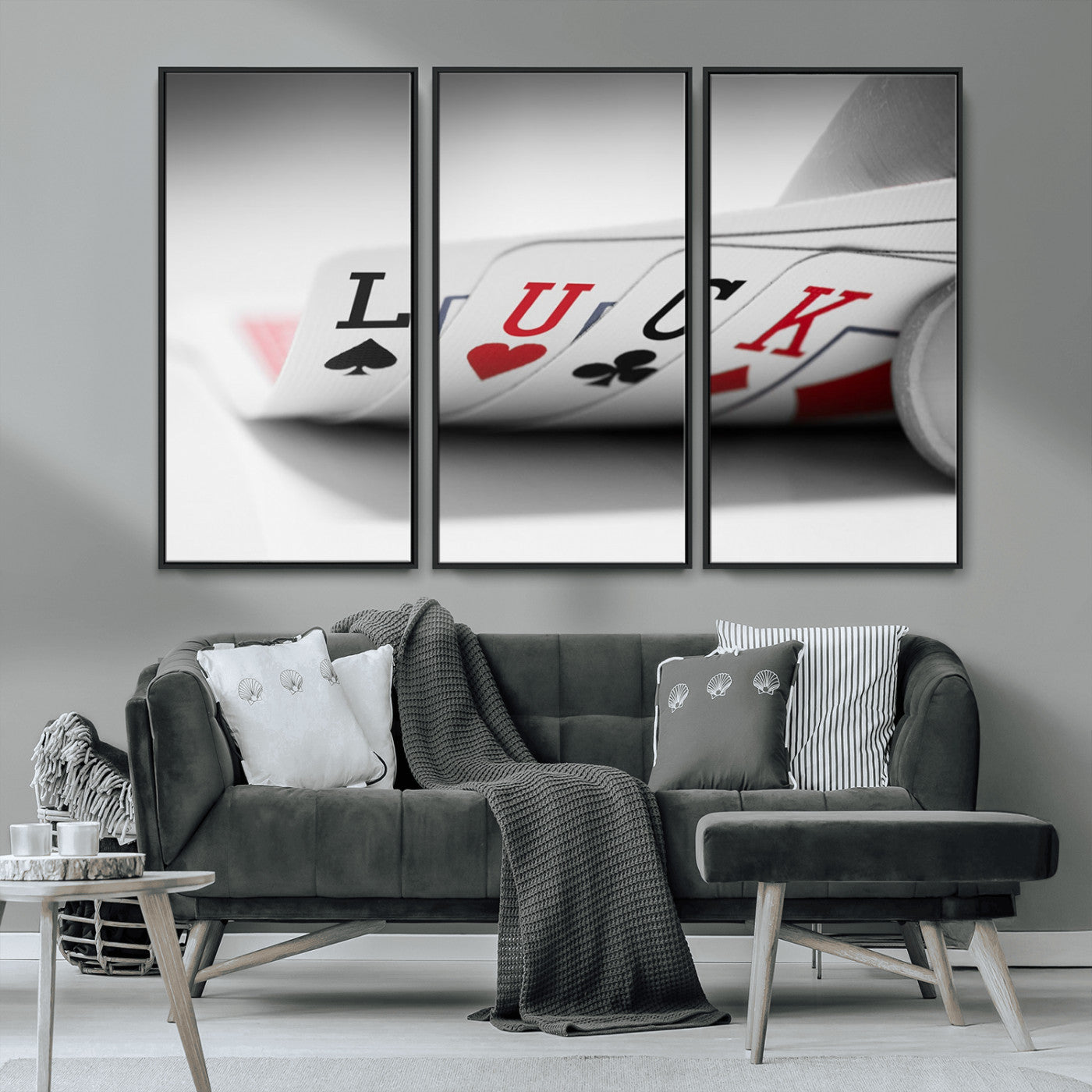 MGV-FC-48X32-3P - Framed Luck Poker Cards Canvas – Modern Triptych Wall Art, Ready to Hang for Game Rooms