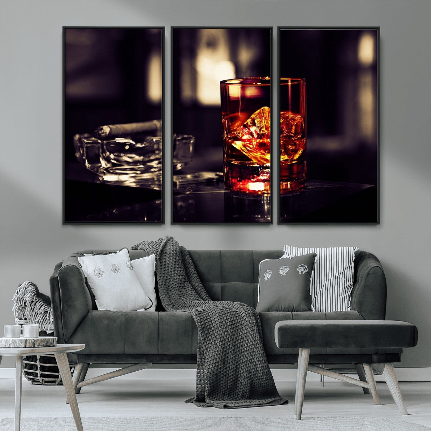 MGV-FC-48X32-3P - Whiskey and Cigar Canvas – Luxurious Wall Art for Home or Bar – Glass and Cigar Scene Print Canvas