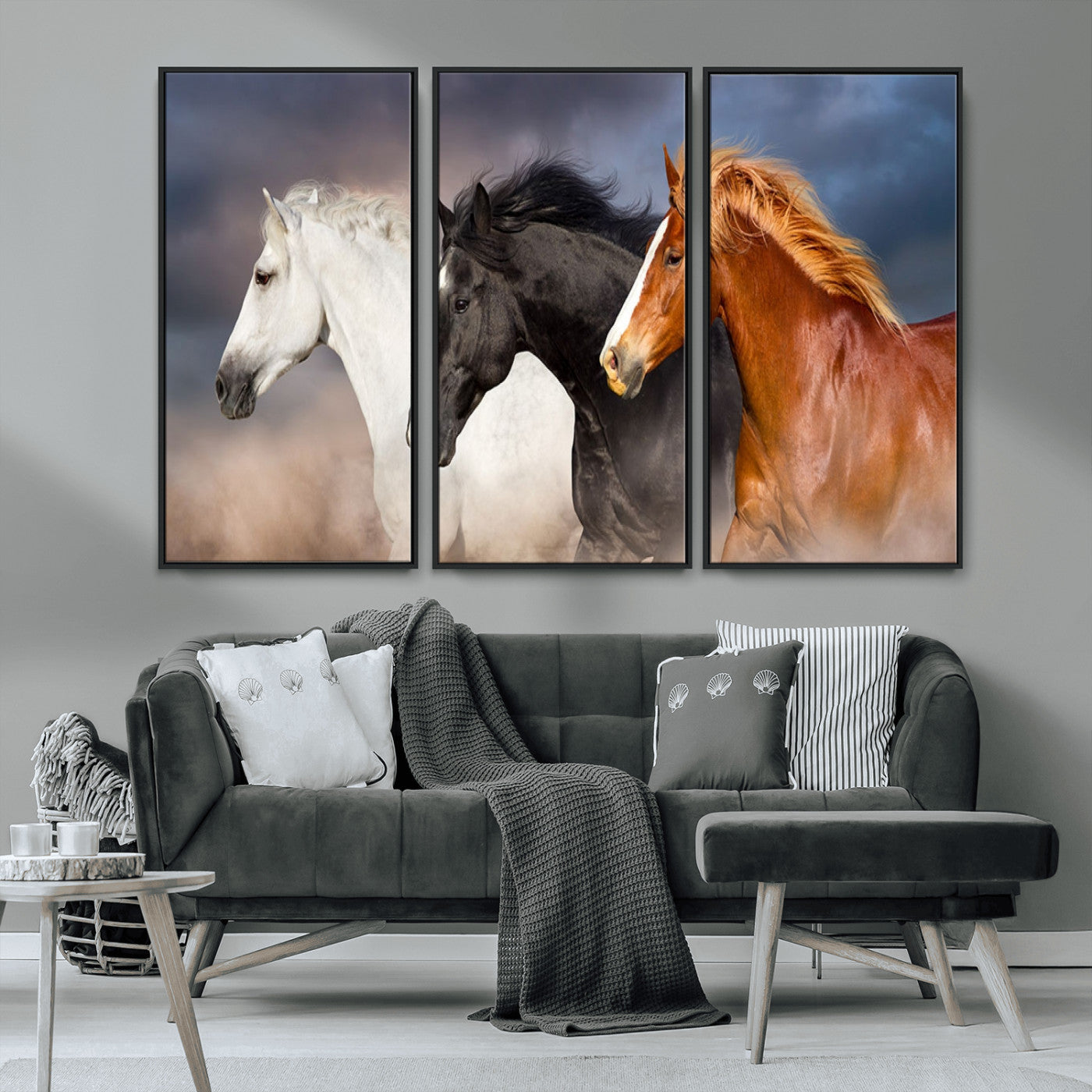 MGV-FC-48X32-3P - Animal Wall Art Three Horses Farmhouse Art Canvas, Framed Three Horses Canvas Print