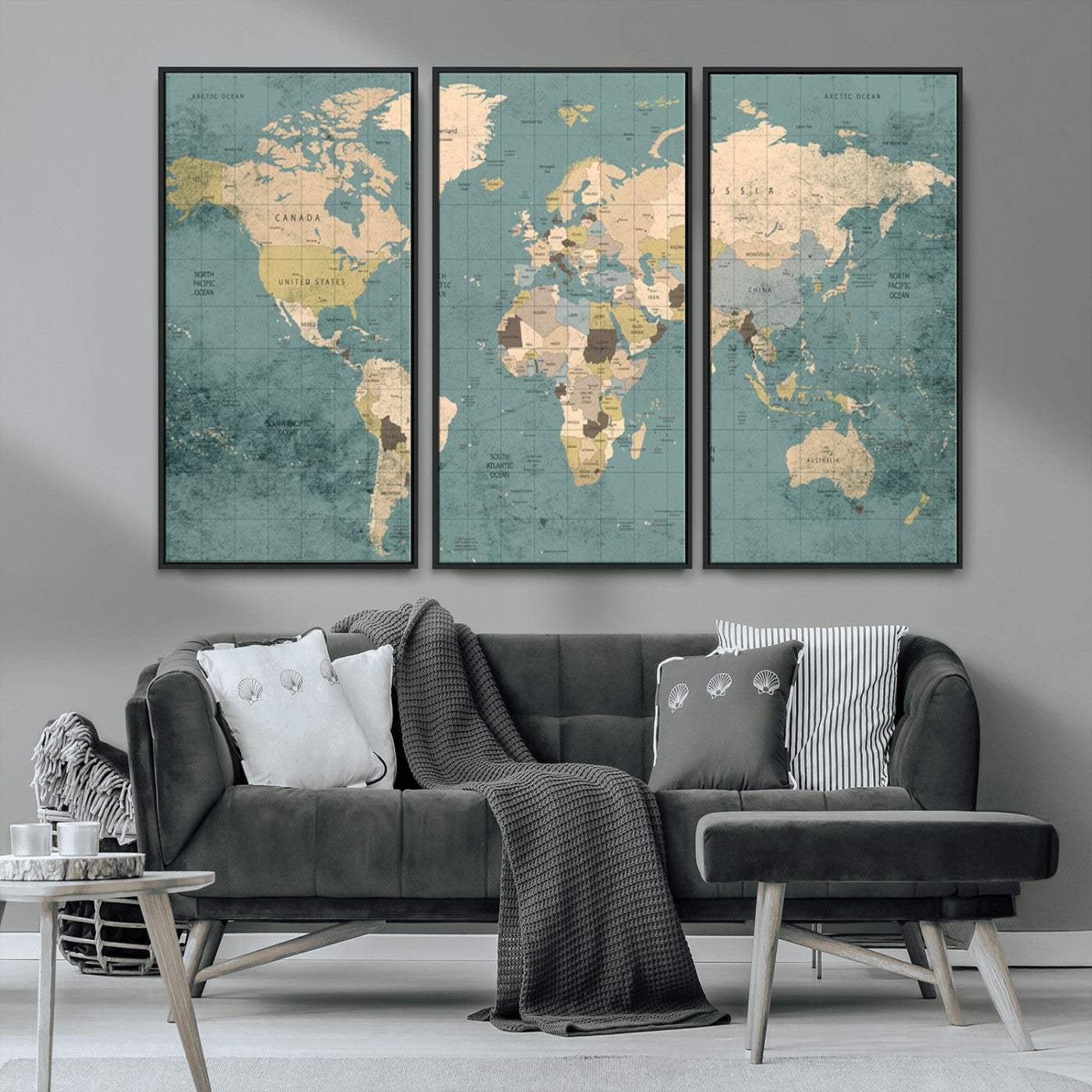 MGV-FC-48X32-3P - Classic World Map Wall Art Canvas Print, Framed Retro Map Art Picture Print, Vintage Atlas Perfect Rustic Explorer Decor Artwork