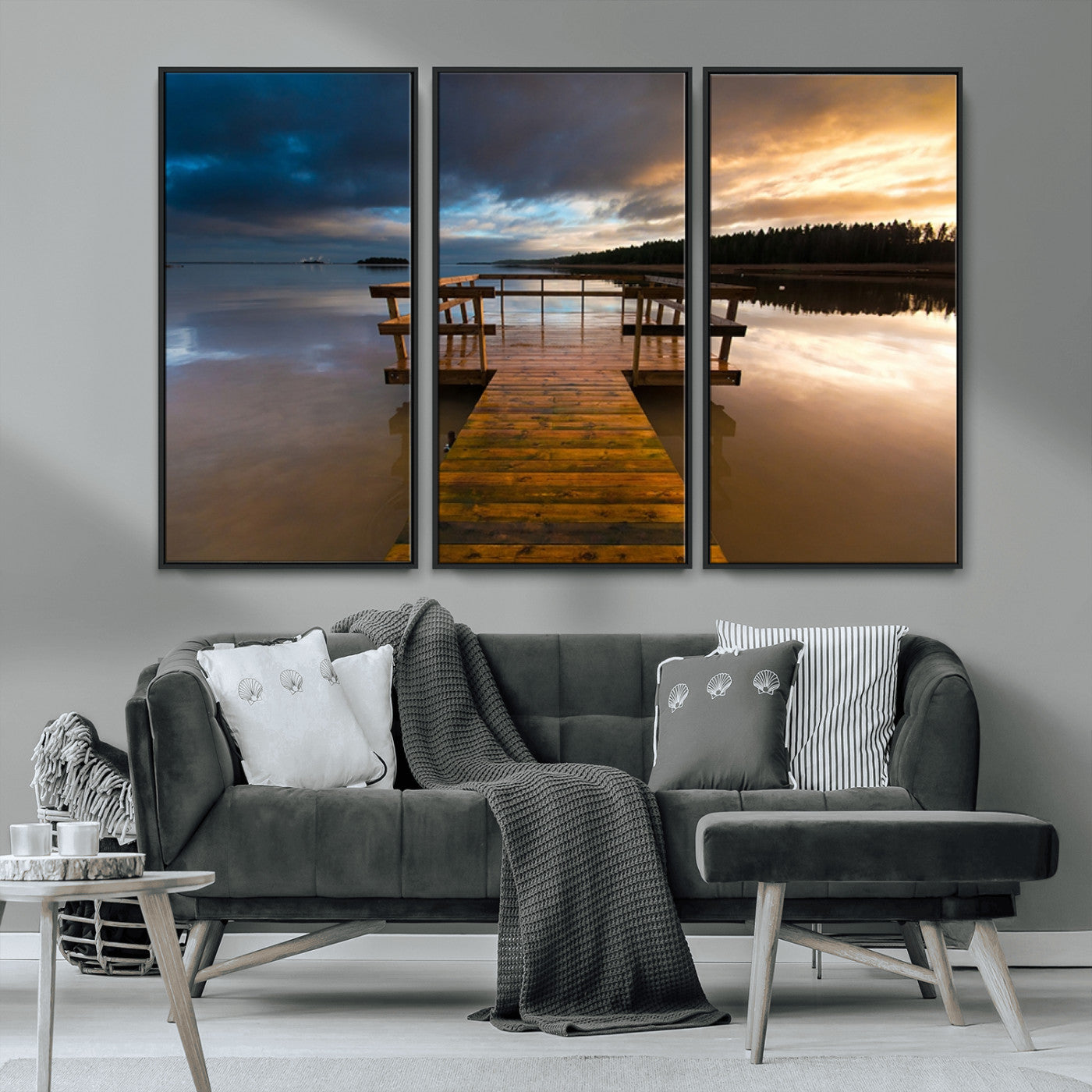 MGV-FC-48X32-3P - Serene Lake Pier at Sunset Canvas Print | Landscape Canvas Print | Ready to Hang and Framed Wall Art
