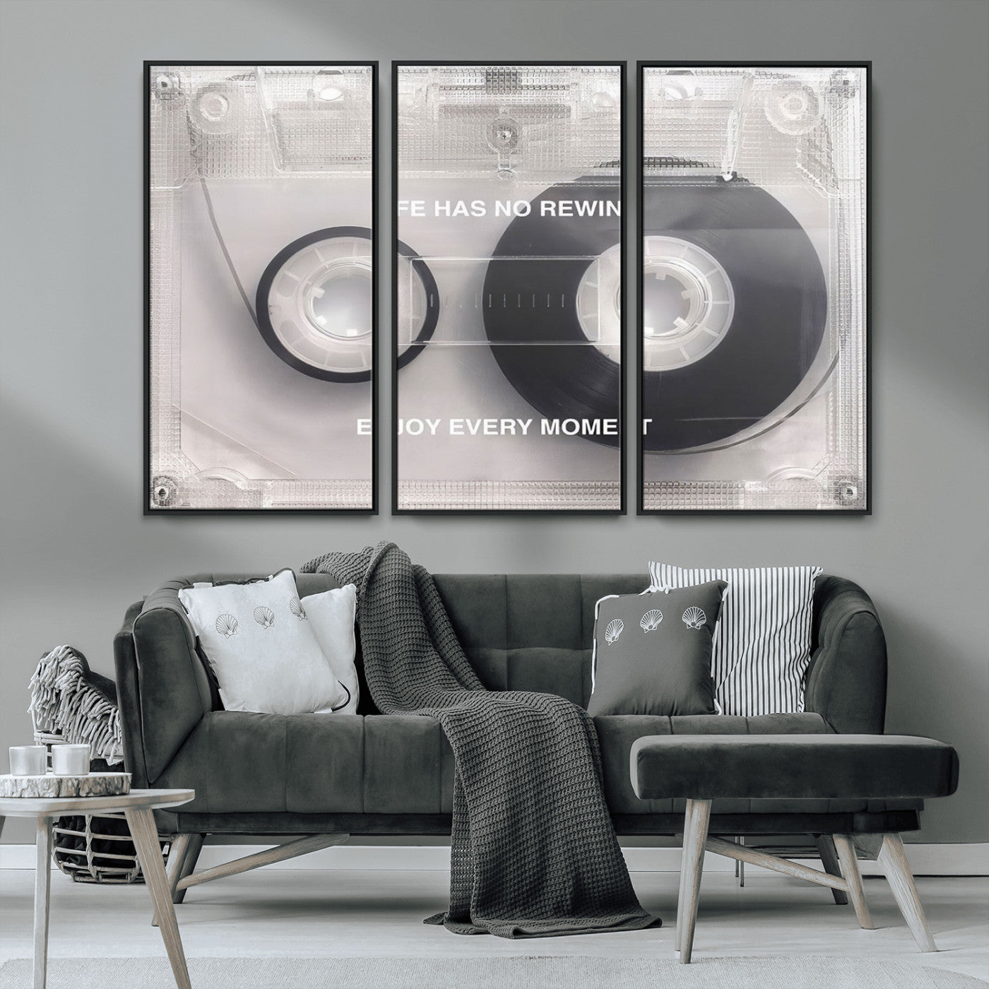 MGV-FC-48X32-3P - Vintage Cassette Tape Canvas Wall Art - Inspirational 'Life Has No Rewind' Quote, Retro Music Decor