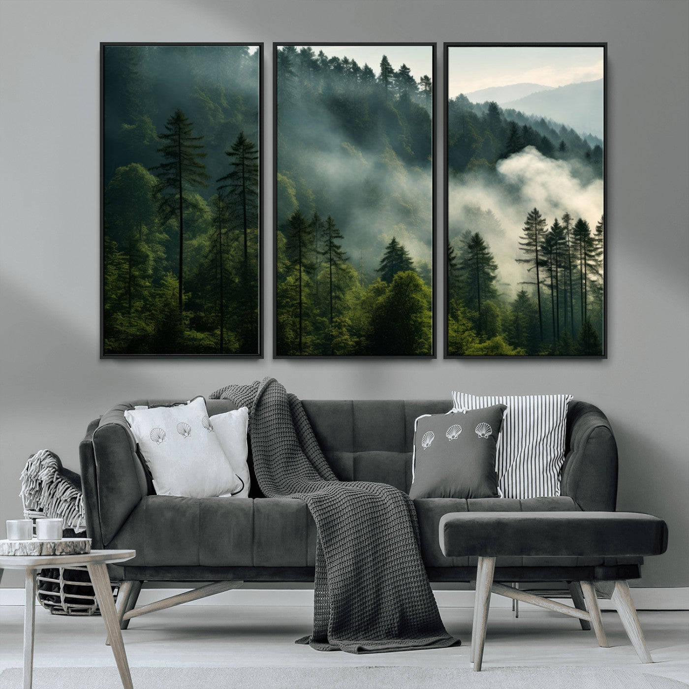 MGV-FC-48X32-3P - Misty Forest Wall Art Premium Canvas Print a Foggy and Serene Atmosphere