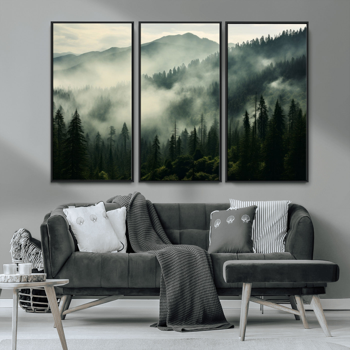 MGV-FC-48X32-3P - Captivating Misty Forest Wall Art Premium Canvas Print a Foggy and Serene Atmosphere