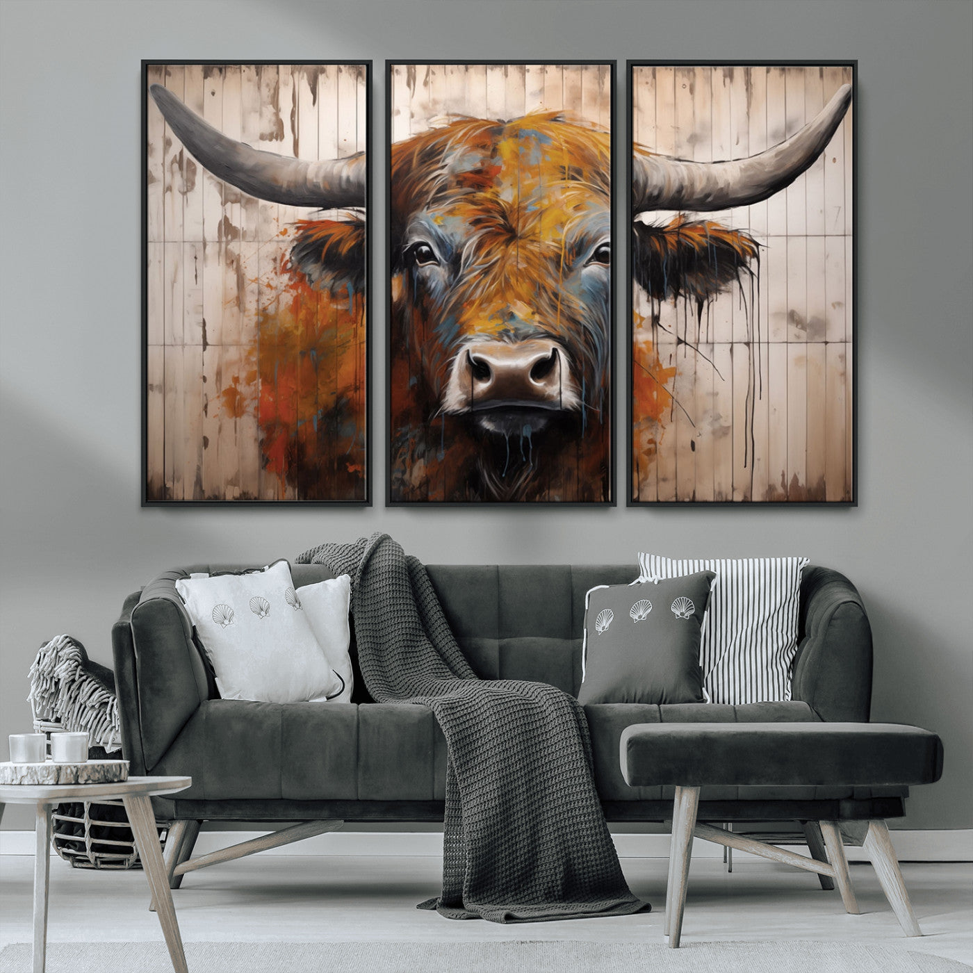 MGV-FC-48X32-3P - Abstract Bull Highland Cow Canvas Wall Art Print – Vibrant Rustic Charm in Modern Farmhouse Decor –