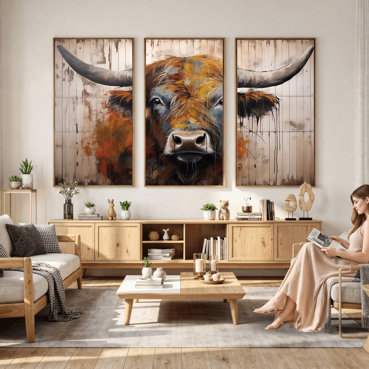 47284-MGV-CV-24X16 - Abstract Bull Highland Cow Canvas Wall Art Print
