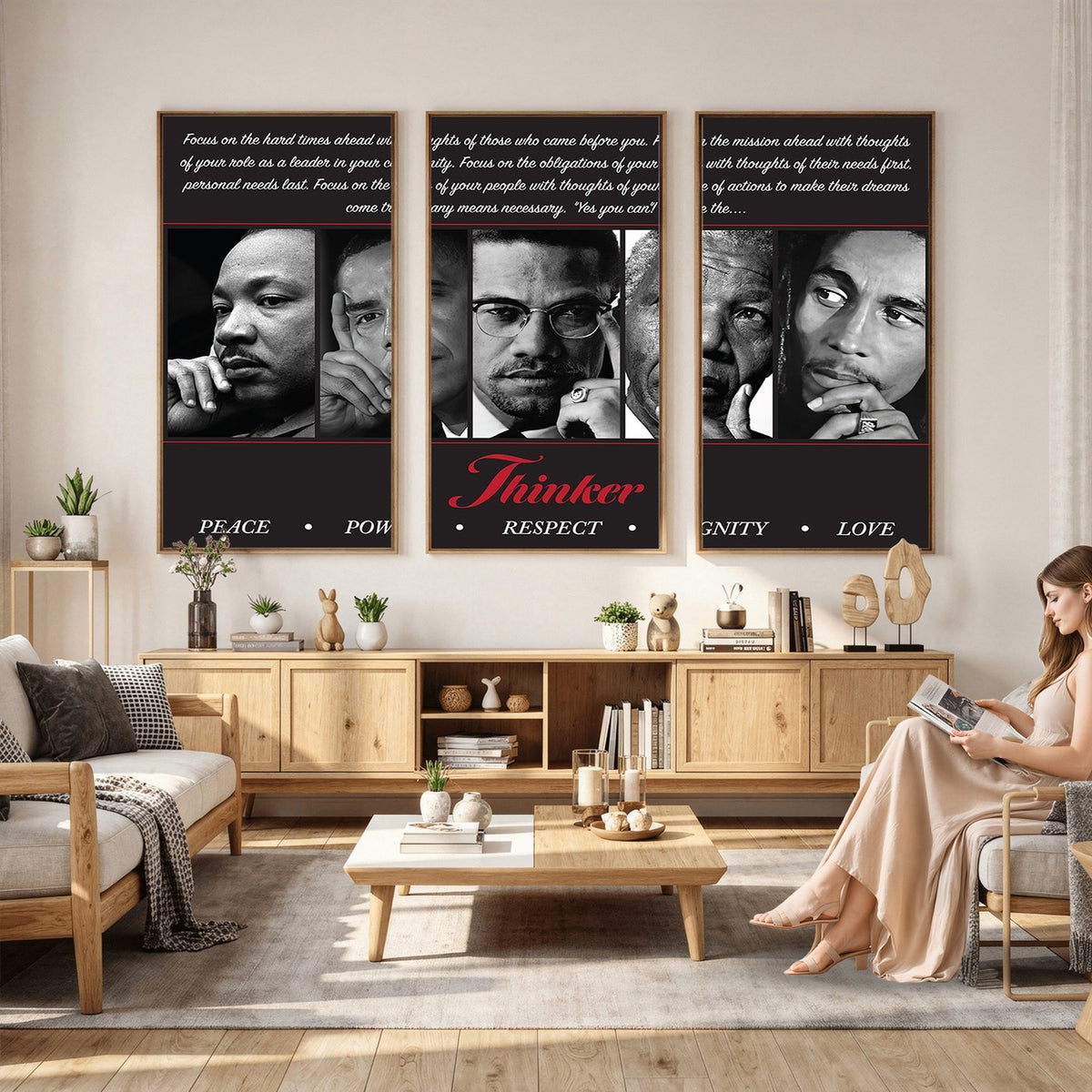 45112-MGV-CV-24X16 - Thinker Quintet Canvas Wall Art | Martin, Obama, Malcolm X, Mandela, Marley, Peace Power Respect Dignity Love