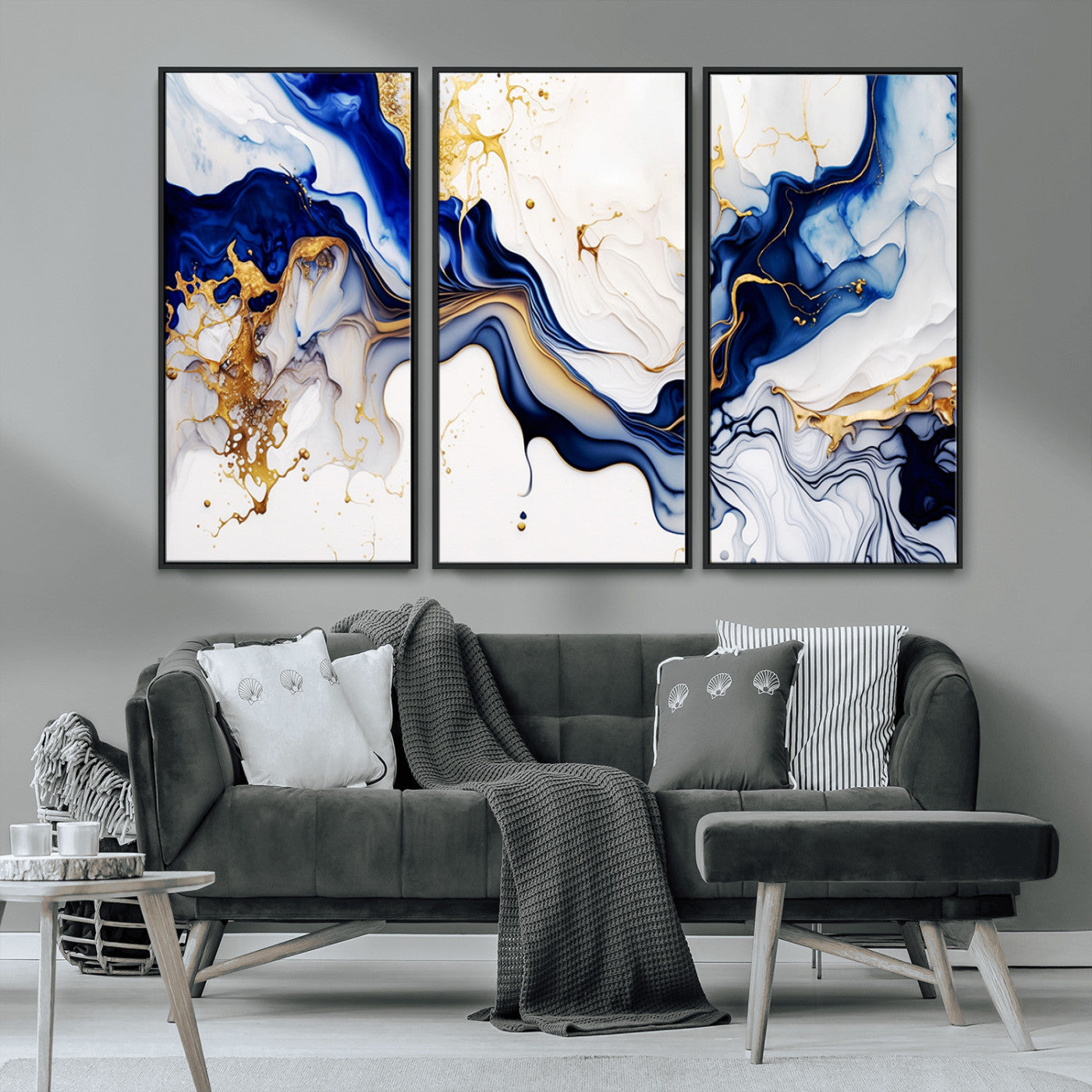 MGV-FC-48X32-3P - Golden Cascades on Midnight Blue – Deep Blue Abstract Wall Art Flowing Elegance | Wall Art Canvas,