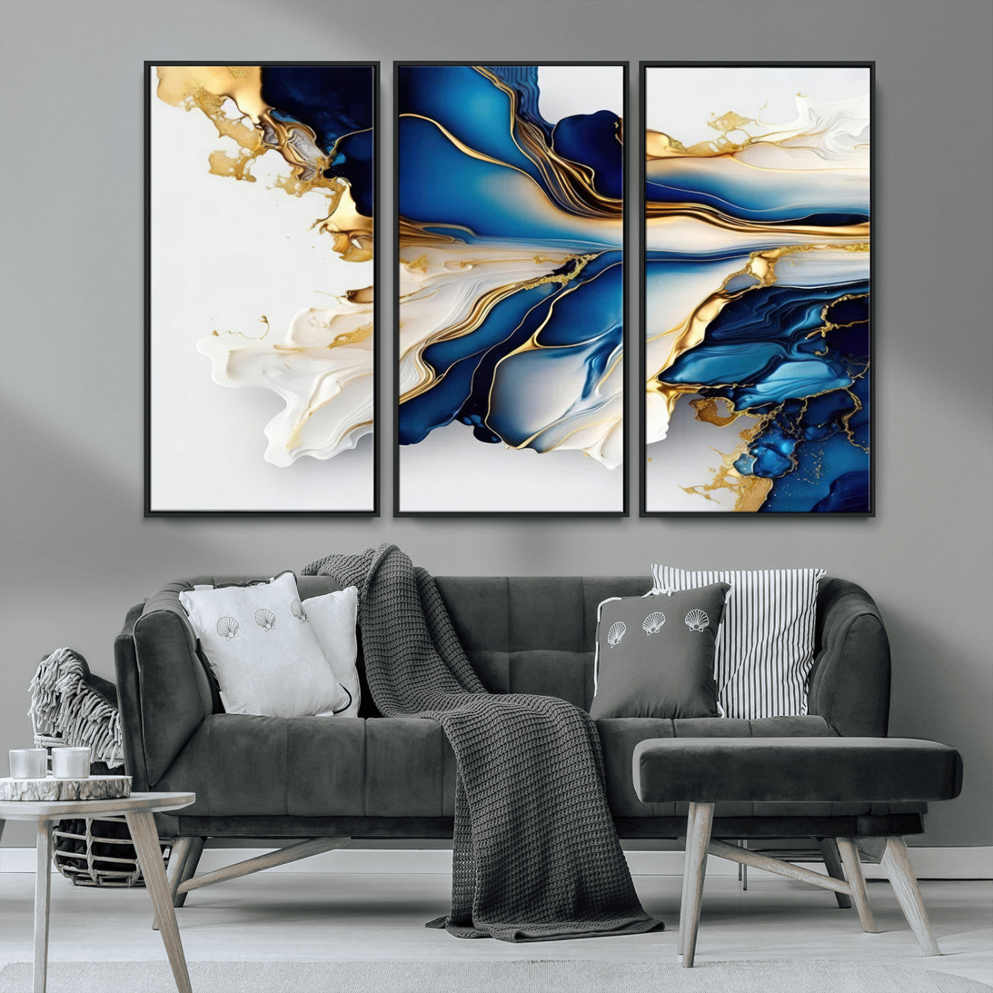 MGV-FC-48X32-3P - Gold Marble Art - Abstract Geode Gold And Blue Marble Shape 3 Pieces Wall Art Canvas Print