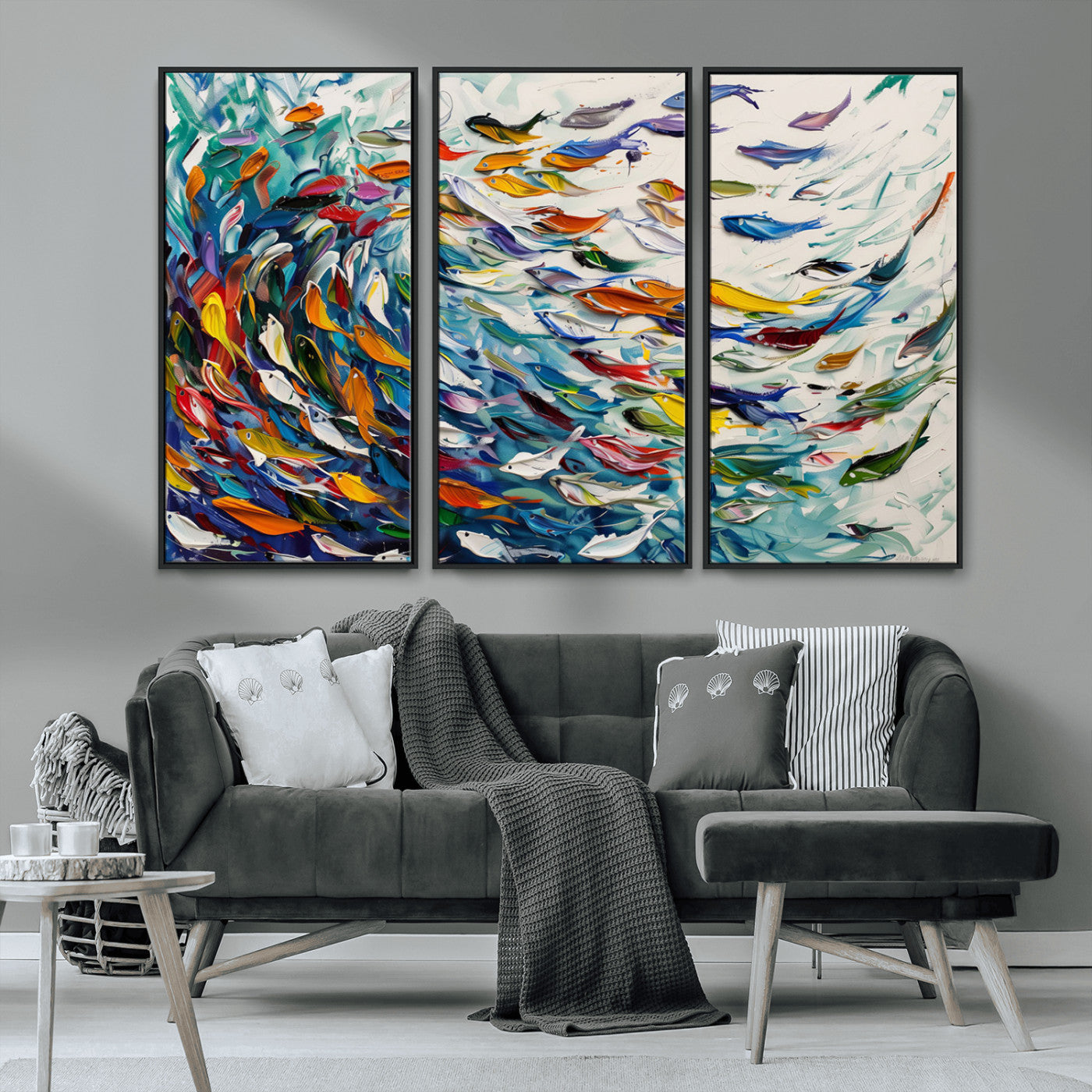 MGV-FC-48X32-3P - Modern Abstract Fish Shoal Wall Art Canvas Print, Colorful Fish Herd Painting on Canvas Print, Ocean
