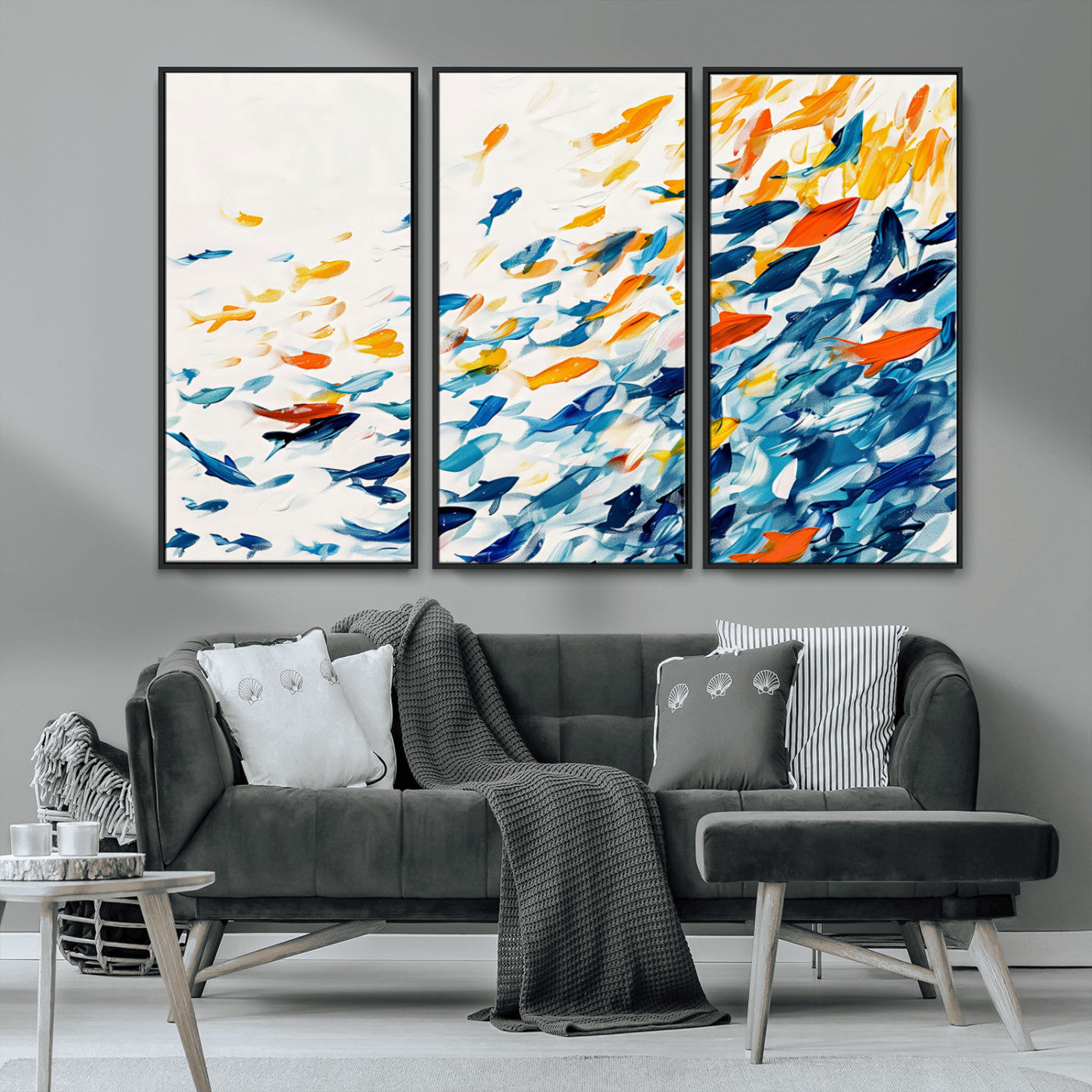 MGV-FC-48X32-3P - Abstract Fish Shoal Wall Art Canvas Print, Colorful Fish Herd Painting on Canvas Print, Ocean Animal