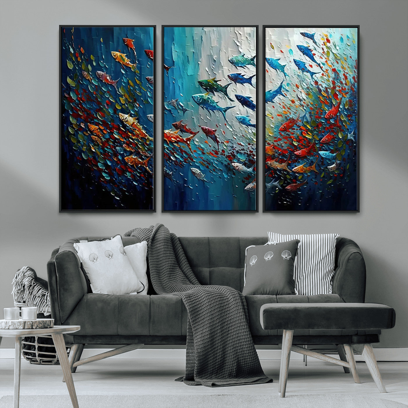 MGV-FC-48X32-3P - Modern Abstract Fish Shoal Wall Art Canvas Print, Colorful Fish Herd Painting on Canvas Print, Ocean