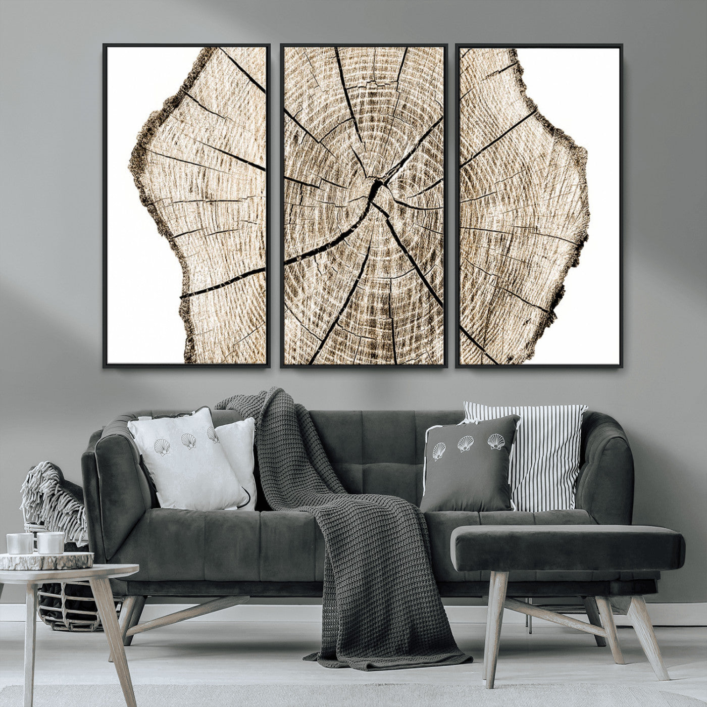 MGV-FC-48X32-3P - Abstract Wood Tree Ring Wall Art - Ready to Hang Minimalist Wooden Design for Rustic & Contemporary