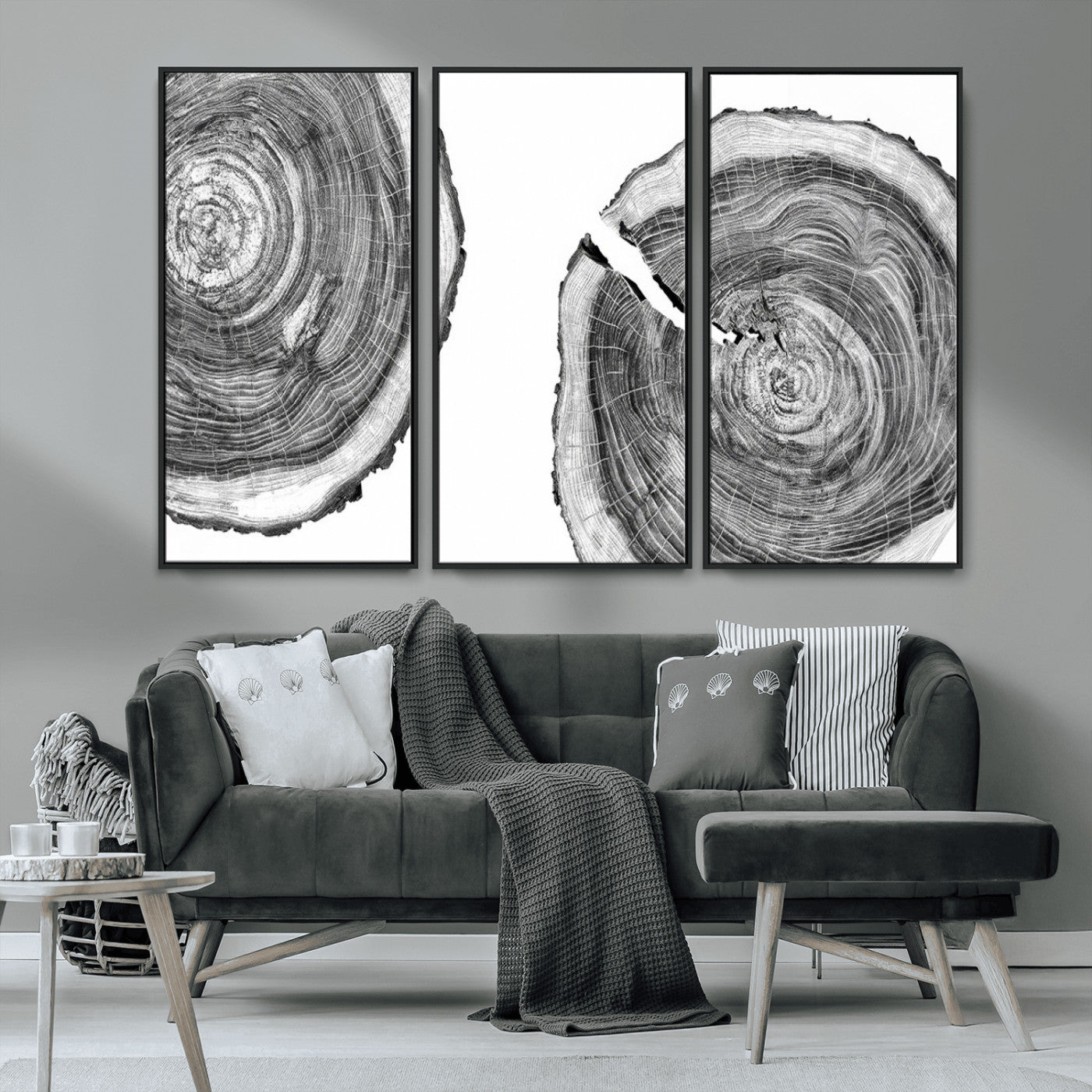 MGV-FC-48X32-3P - Modern Black and White Tree Rings Canvas Wall Art – Nature Inspired Wood Slice Print – Minimalist